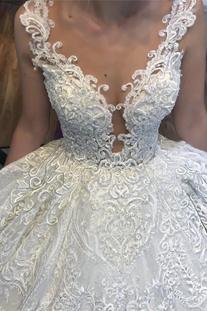 Ball Gown V-neck Wide Strap Floor Length Tulle Applique Lace Wedding Dress - Image 2