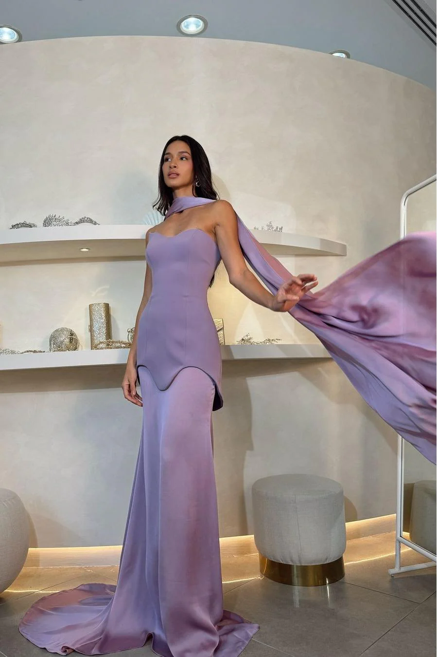 Ballbella Amazing Purple Satin Strapless Sleeveless Slim Long Prom Dress with Scarf - Image 2