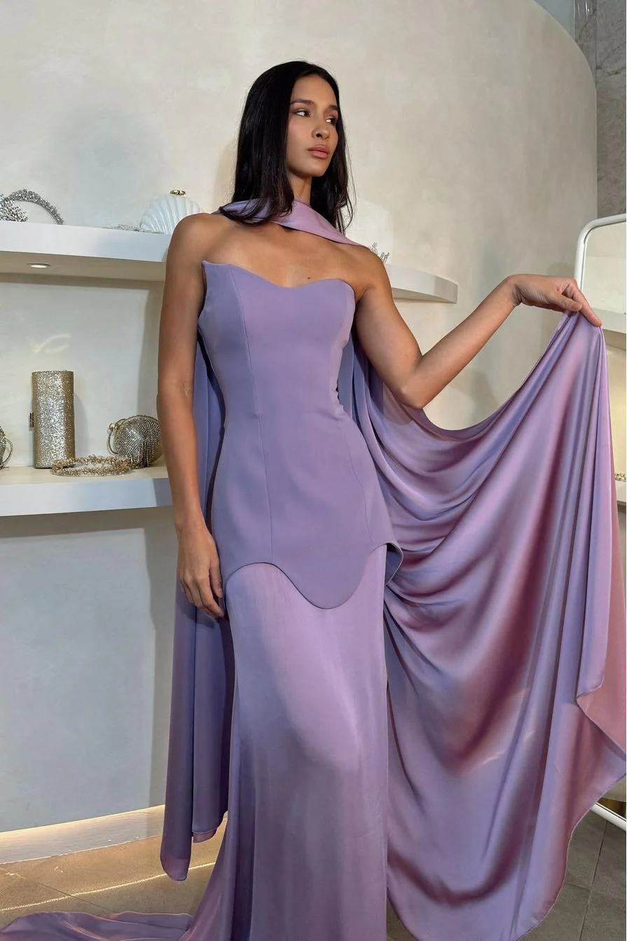 Ballbella Amazing Purple Satin Strapless Sleeveless Slim Long Prom Dress with Scarf - Image 3