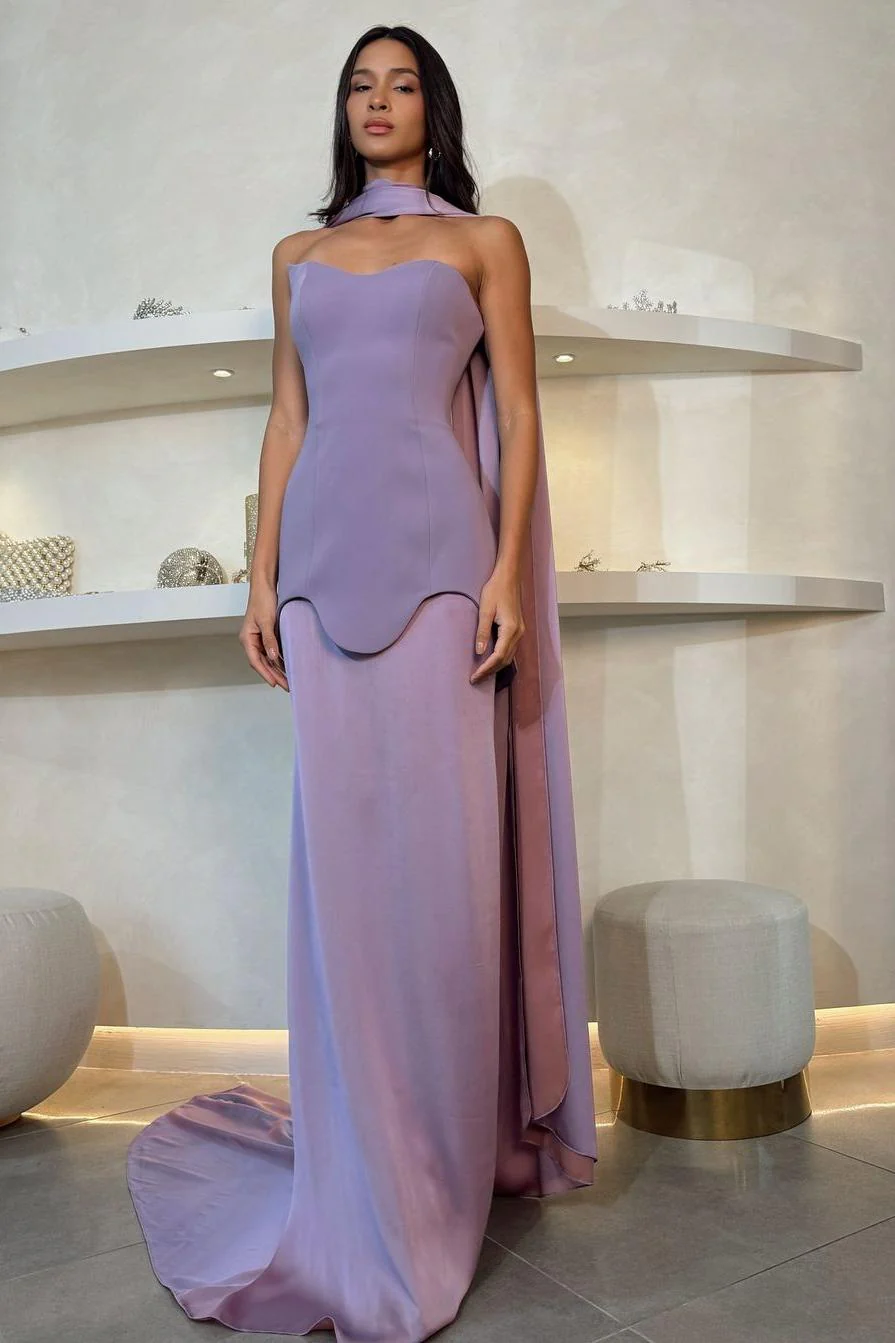Ballbella Amazing Purple Satin Strapless Sleeveless Slim Long Prom Dress with Scarf - Image 4