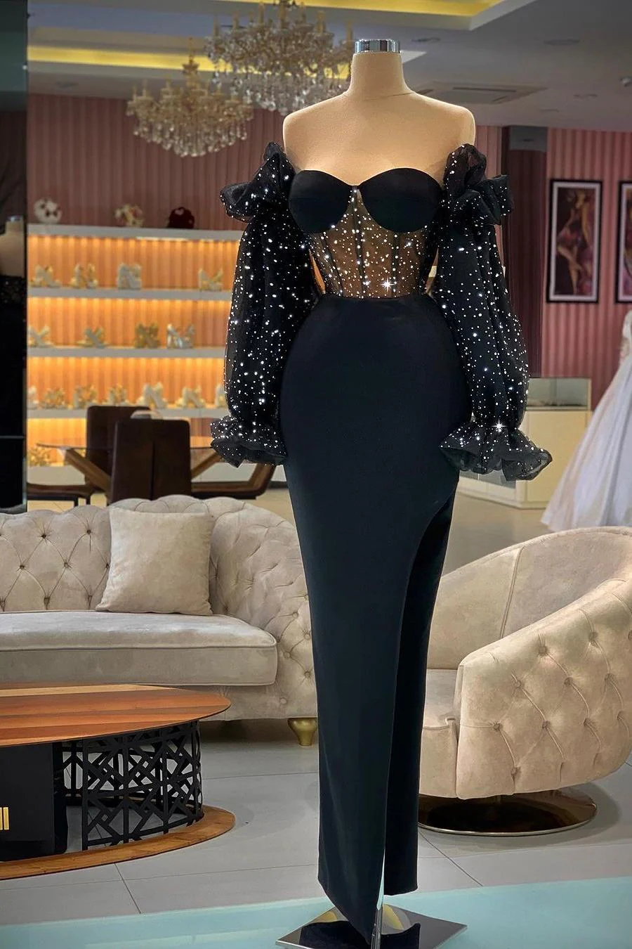 Ballbella Black Long Sleeves Prom Dress Sheath Sweetheart With Beads - Image 2