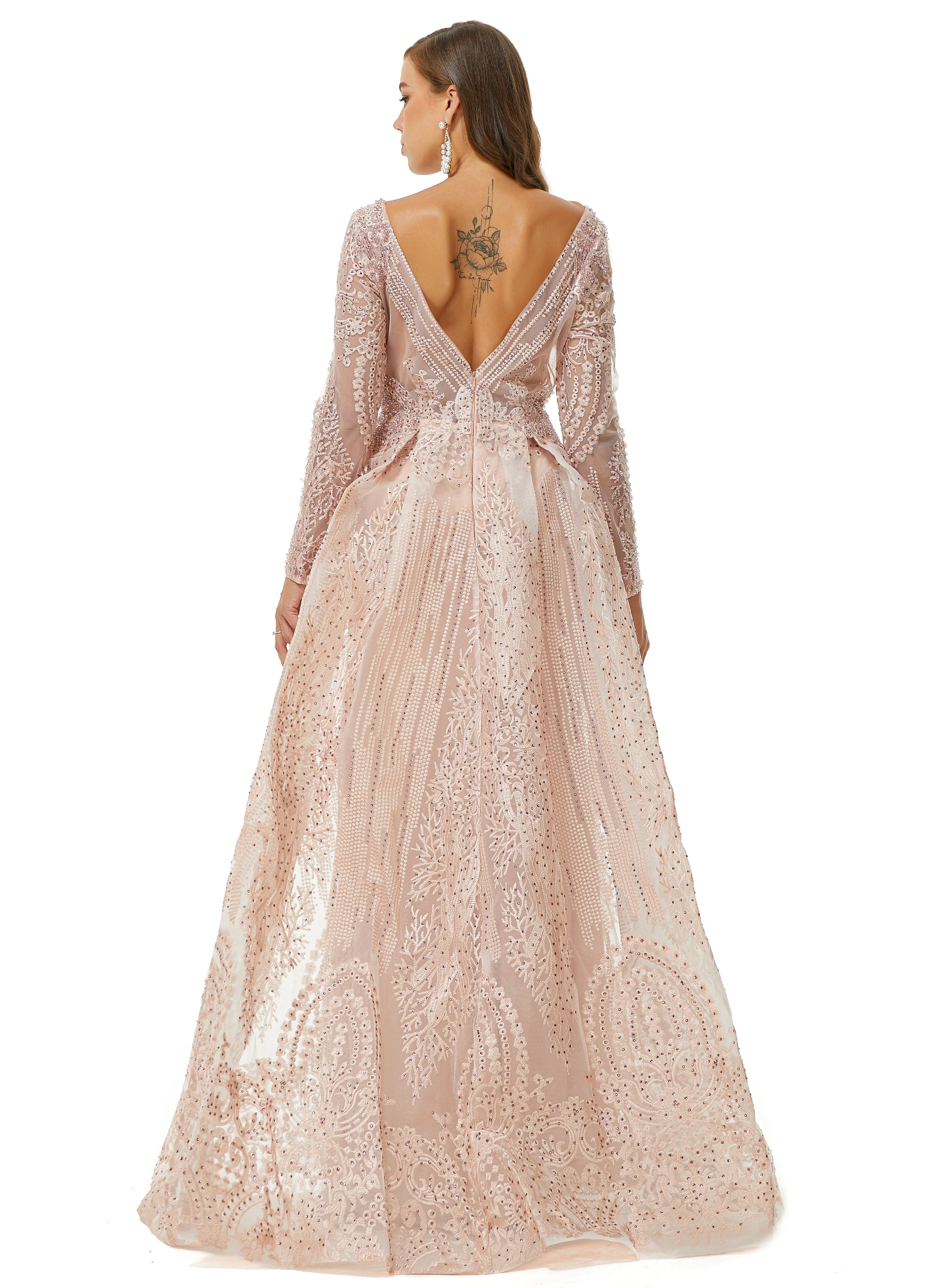 Ballbella Design | Champange Sparkle Beaded Long Sleeves Prom Dresses with Overskirt - Image 2