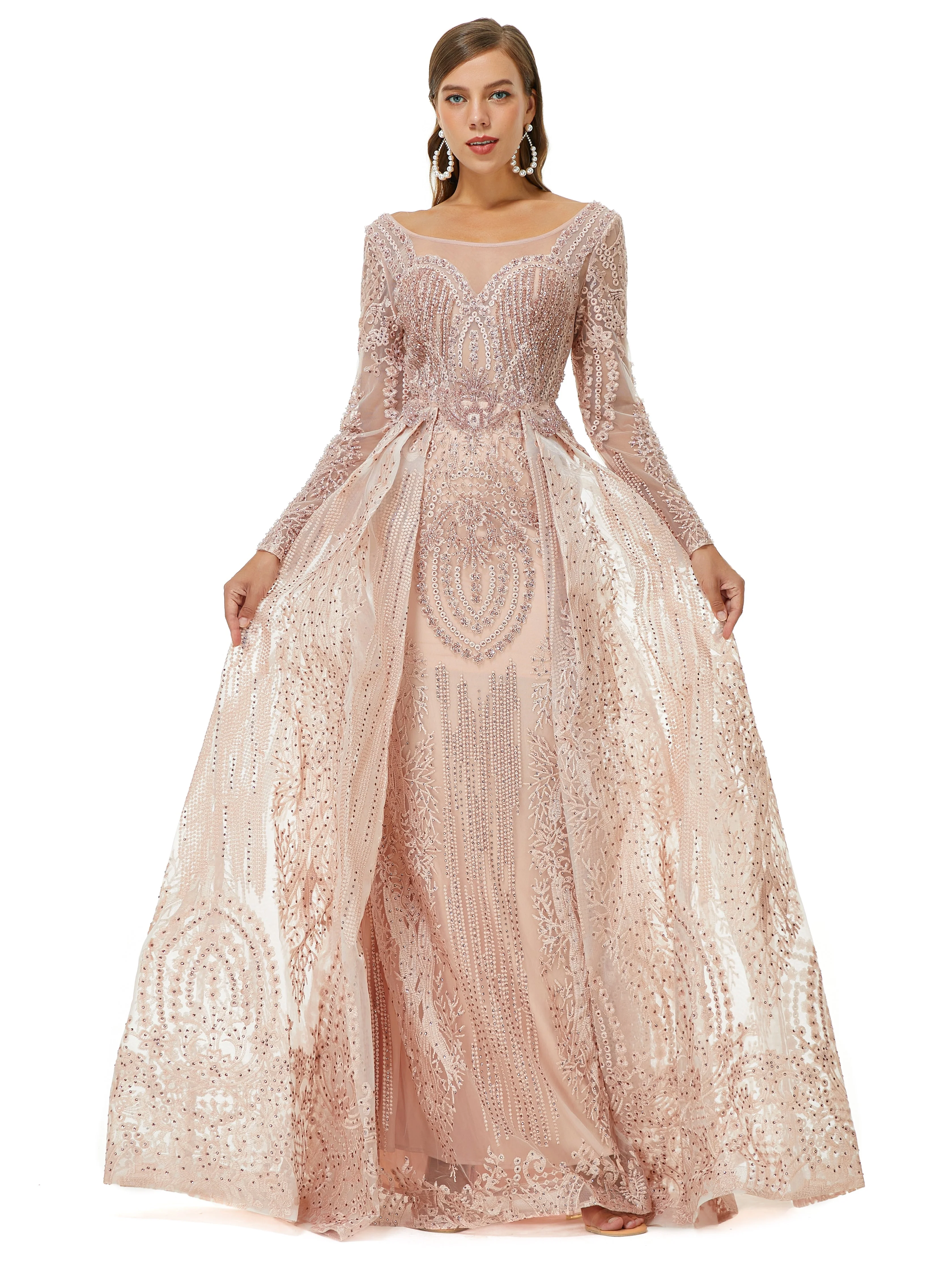 Ballbella Design | Champange Sparkle Beaded Long Sleeves Prom Dresses with Overskirt - Image 3