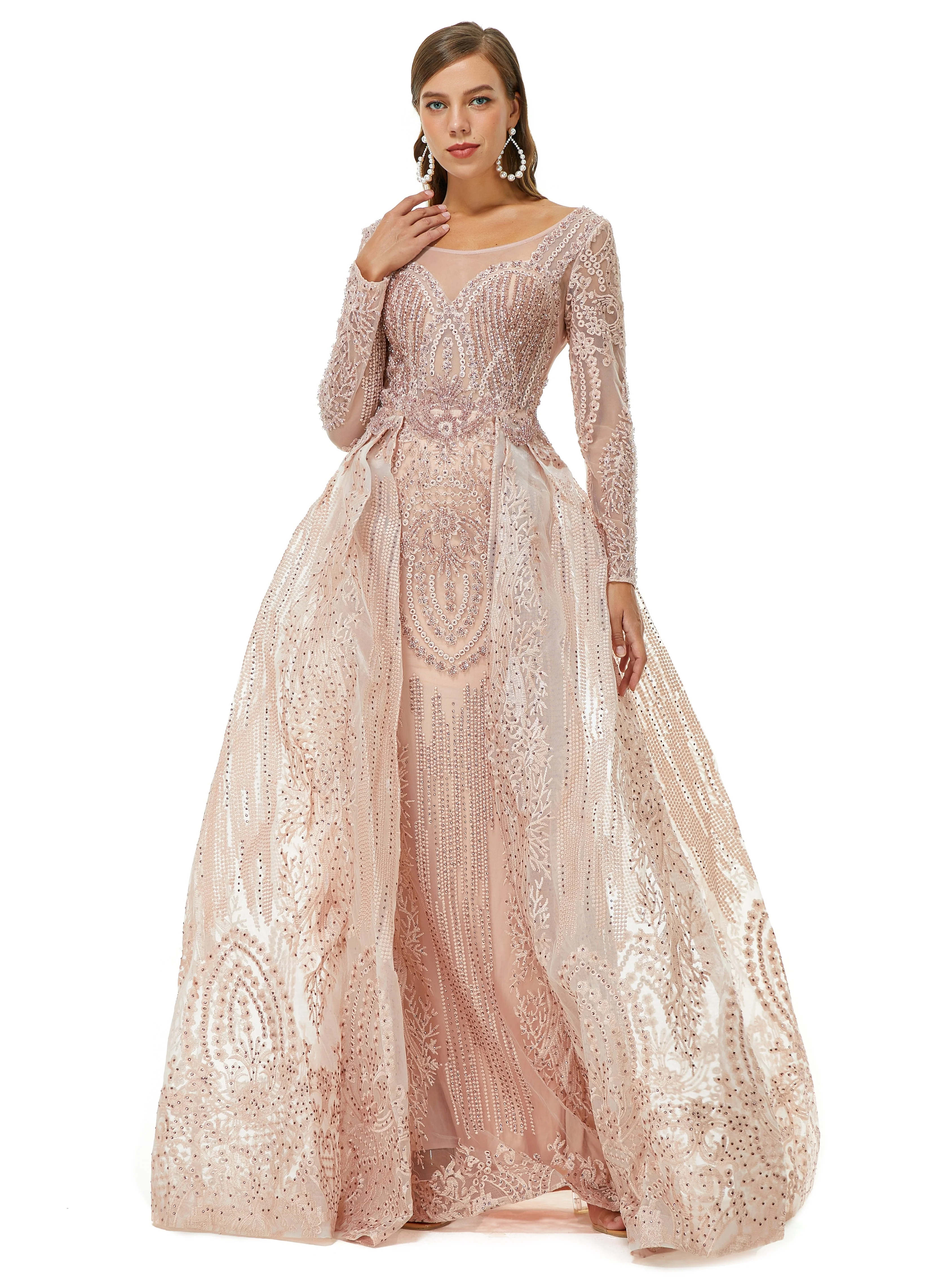 Ballbella Design | Champange Sparkle Beaded Long Sleeves Prom Dresses with Overskirt - Image 4