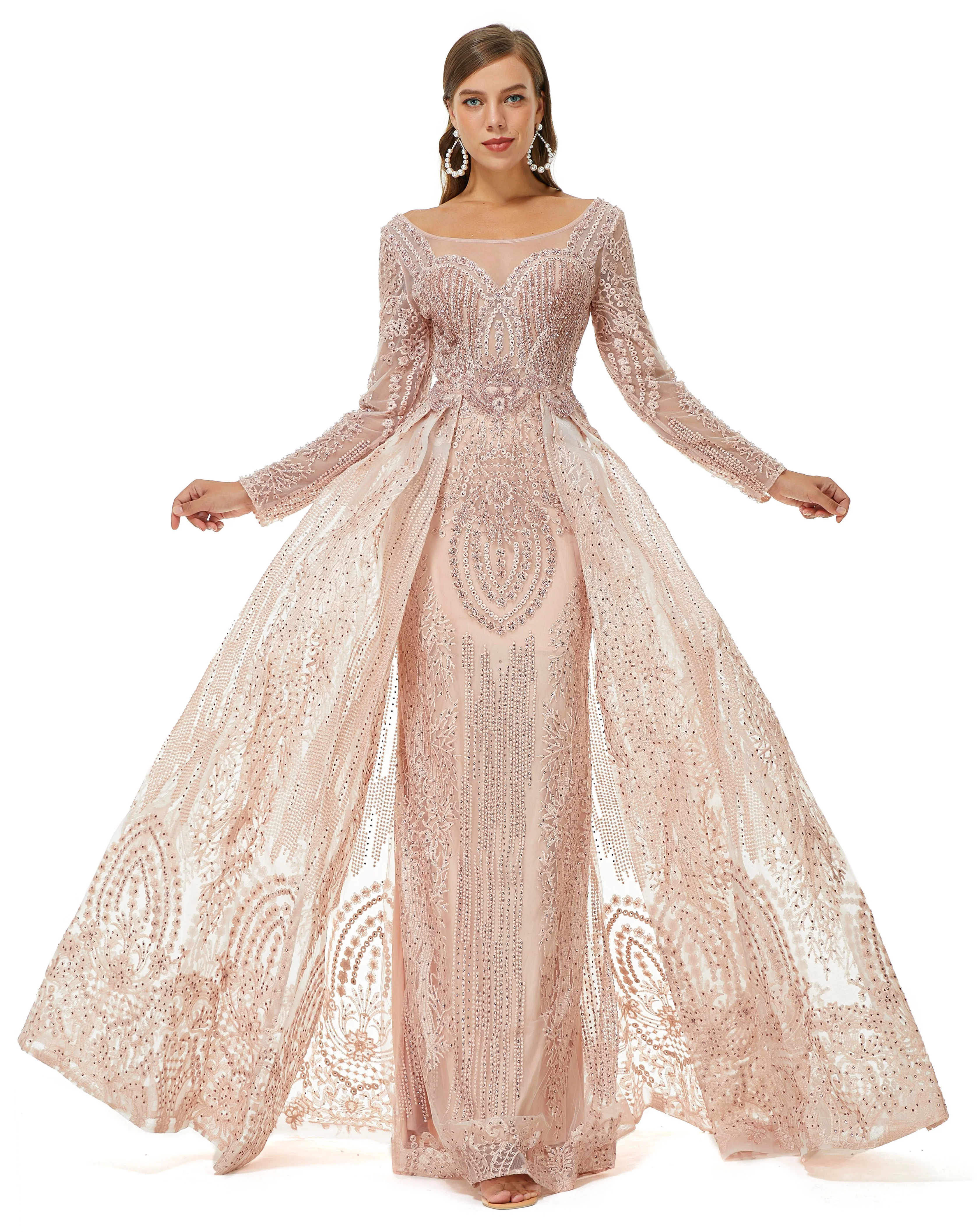 Ballbella Design | Champange Sparkle Beaded Long Sleeves Prom Dresses with Overskirt - Image 5