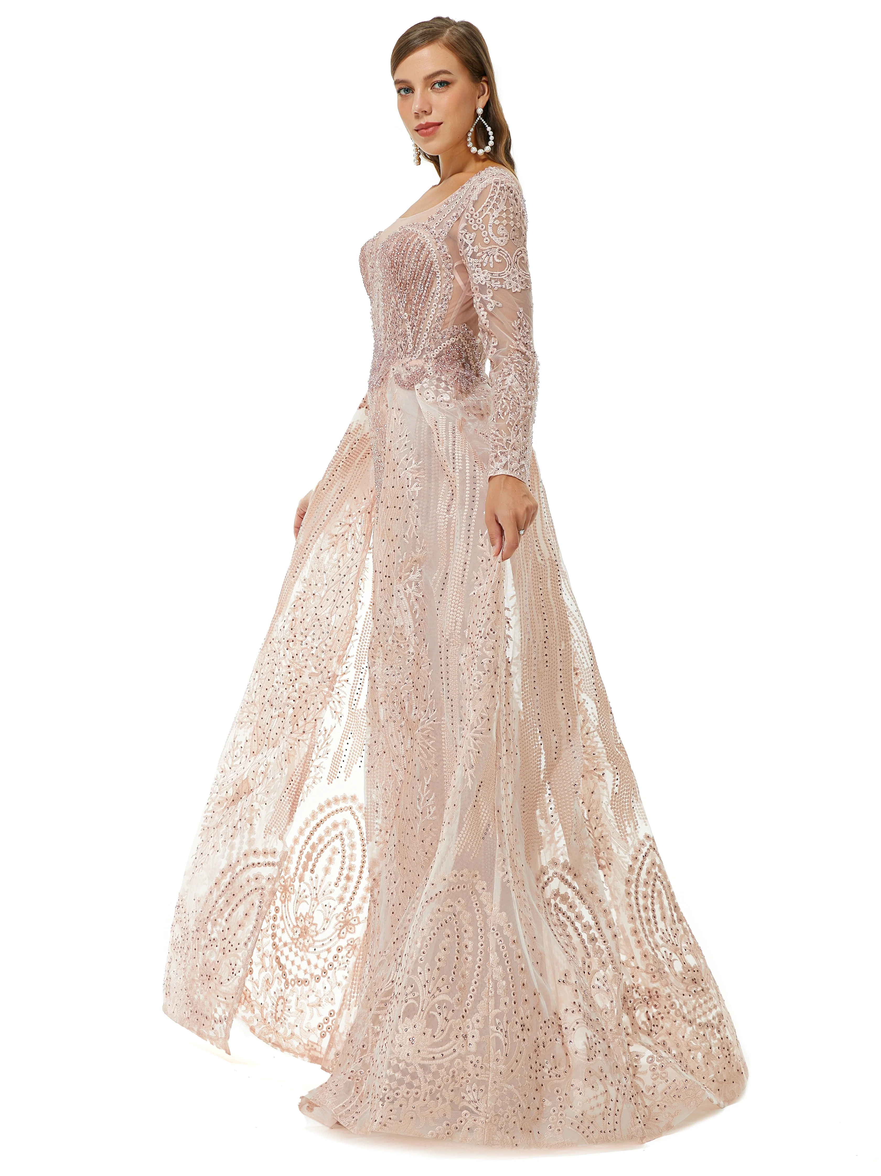 Ballbella Design | Champange Sparkle Beaded Long Sleeves Prom Dresses with Overskirt - Image 6