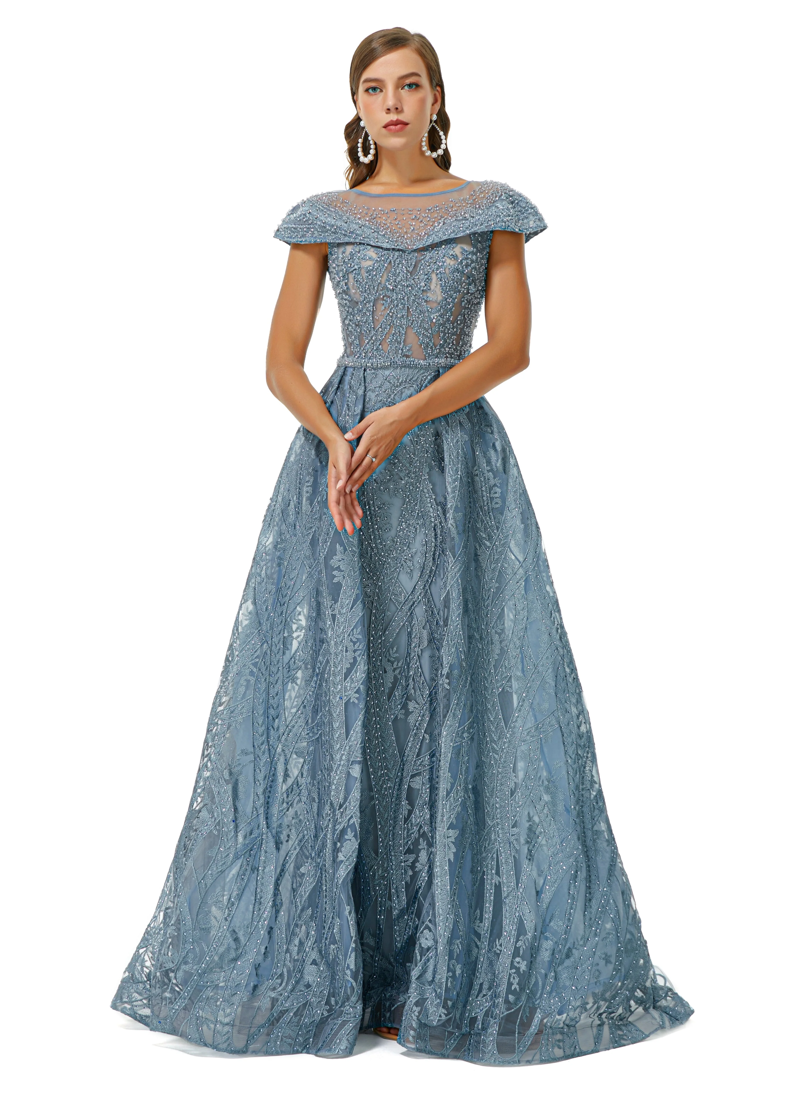 Ballbella Design | Sparkle Beaded Cap Sleeves Prom Dresses with Overskirt - Image 4