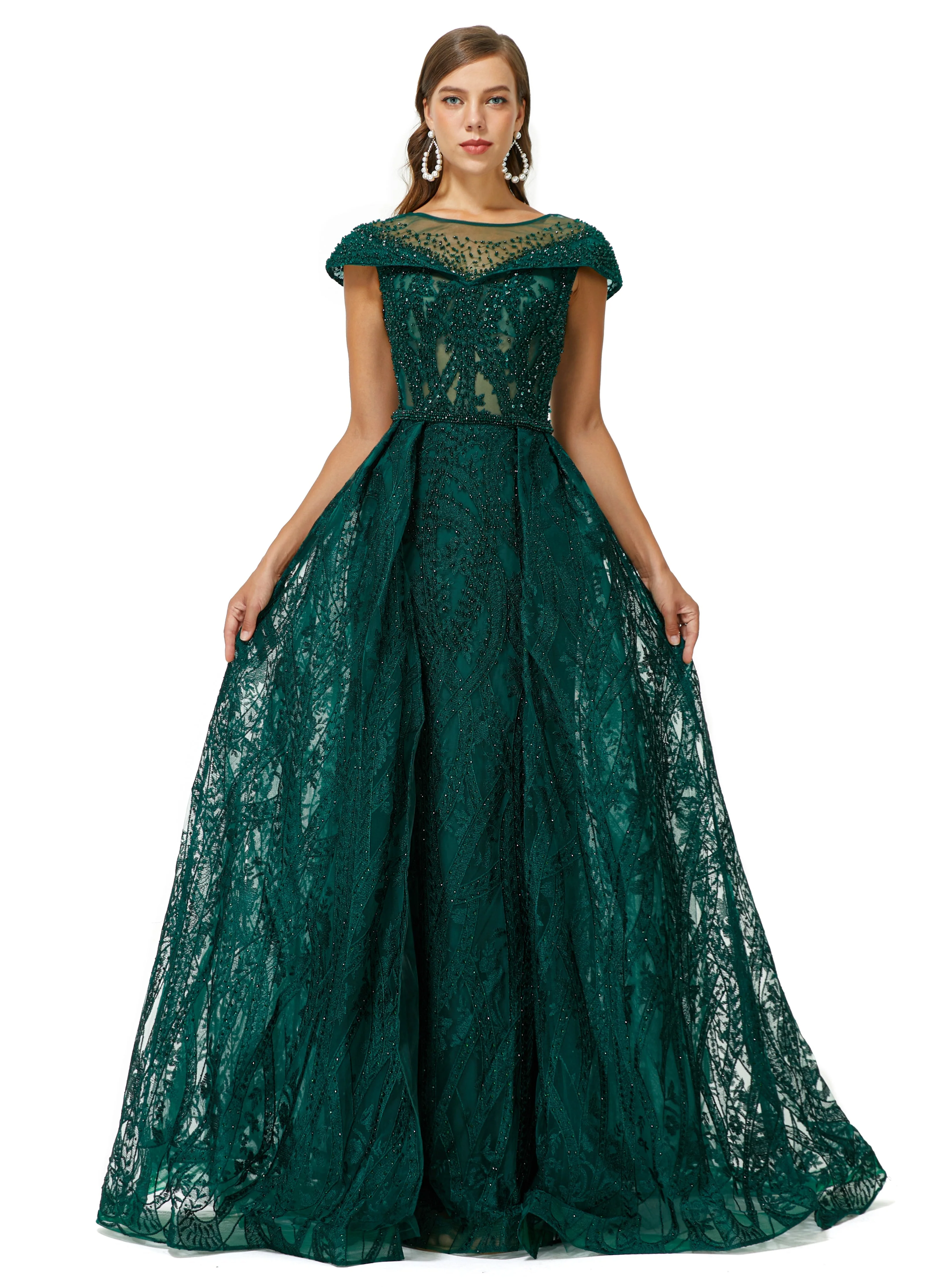 Ballbella Design | Sparkle Beaded Cap Sleeves Prom Dresses with Overskirt - Image 5