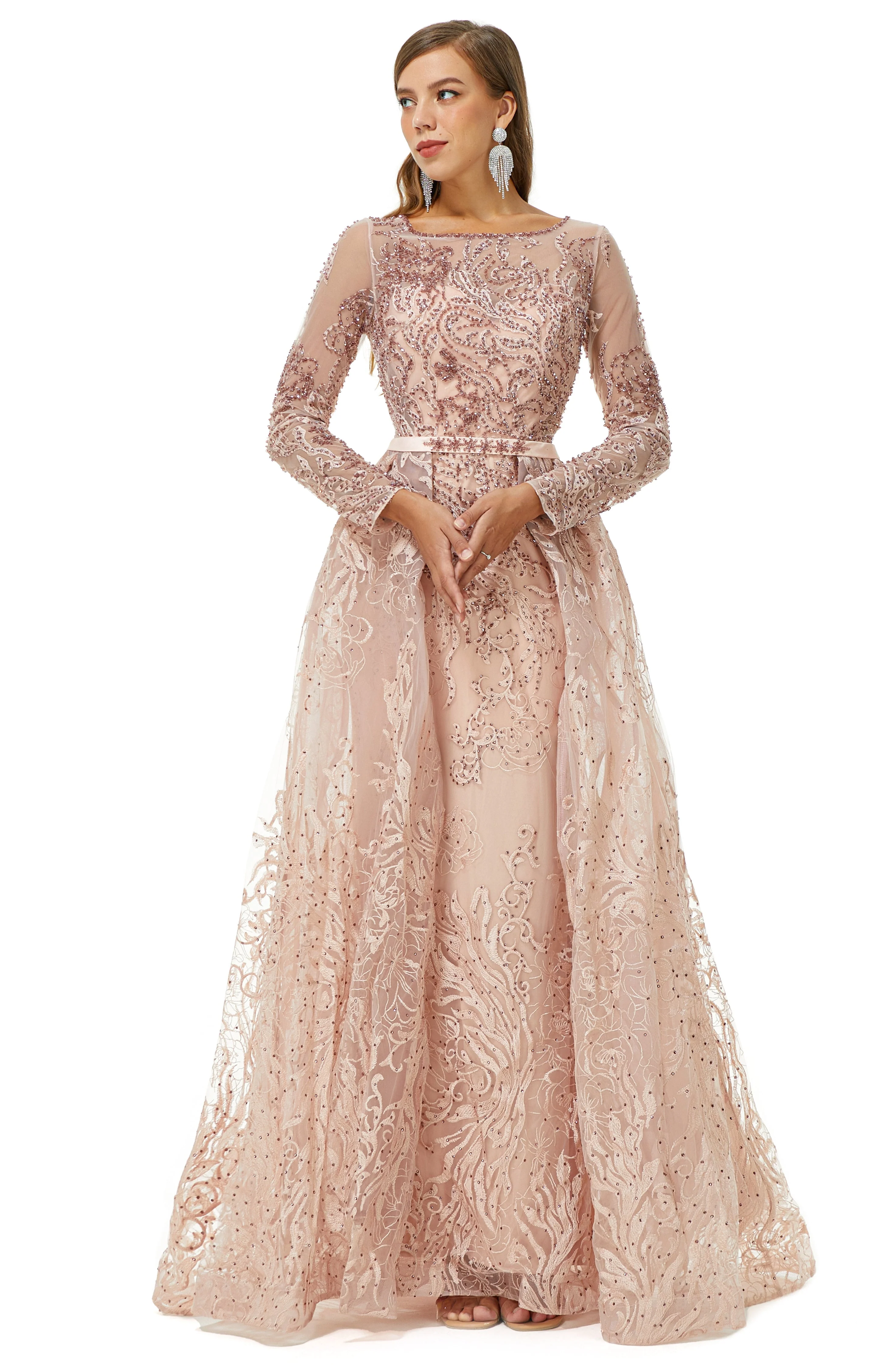 Ballbella Design | Sparkle Beaded Mermaid Long sleeves Prom Dresses with Overskirt - Image 4