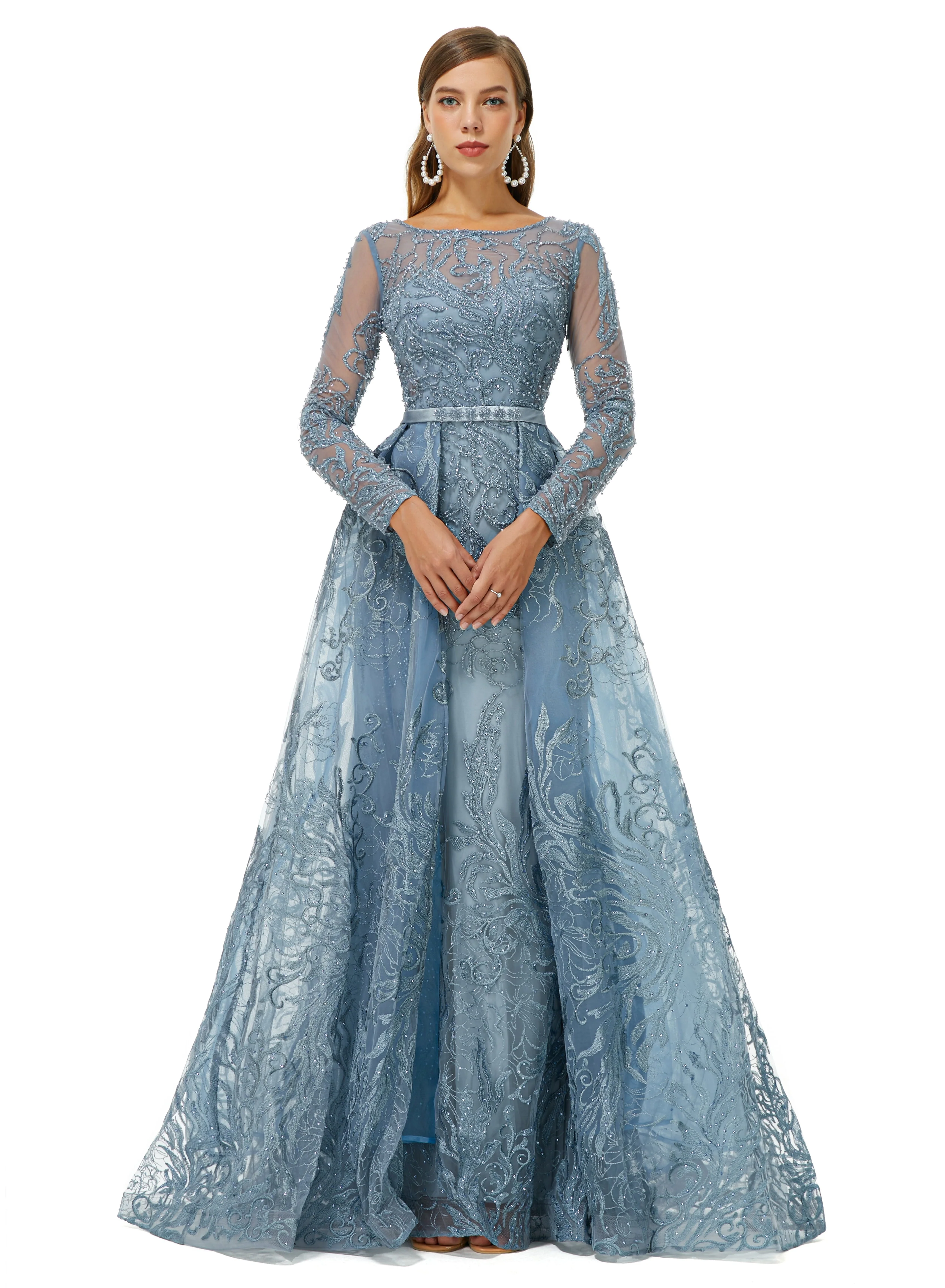 Ballbella Design | Sparkle Beaded Mermaid Long sleeves Prom Dresses with Overskirt - Image 7