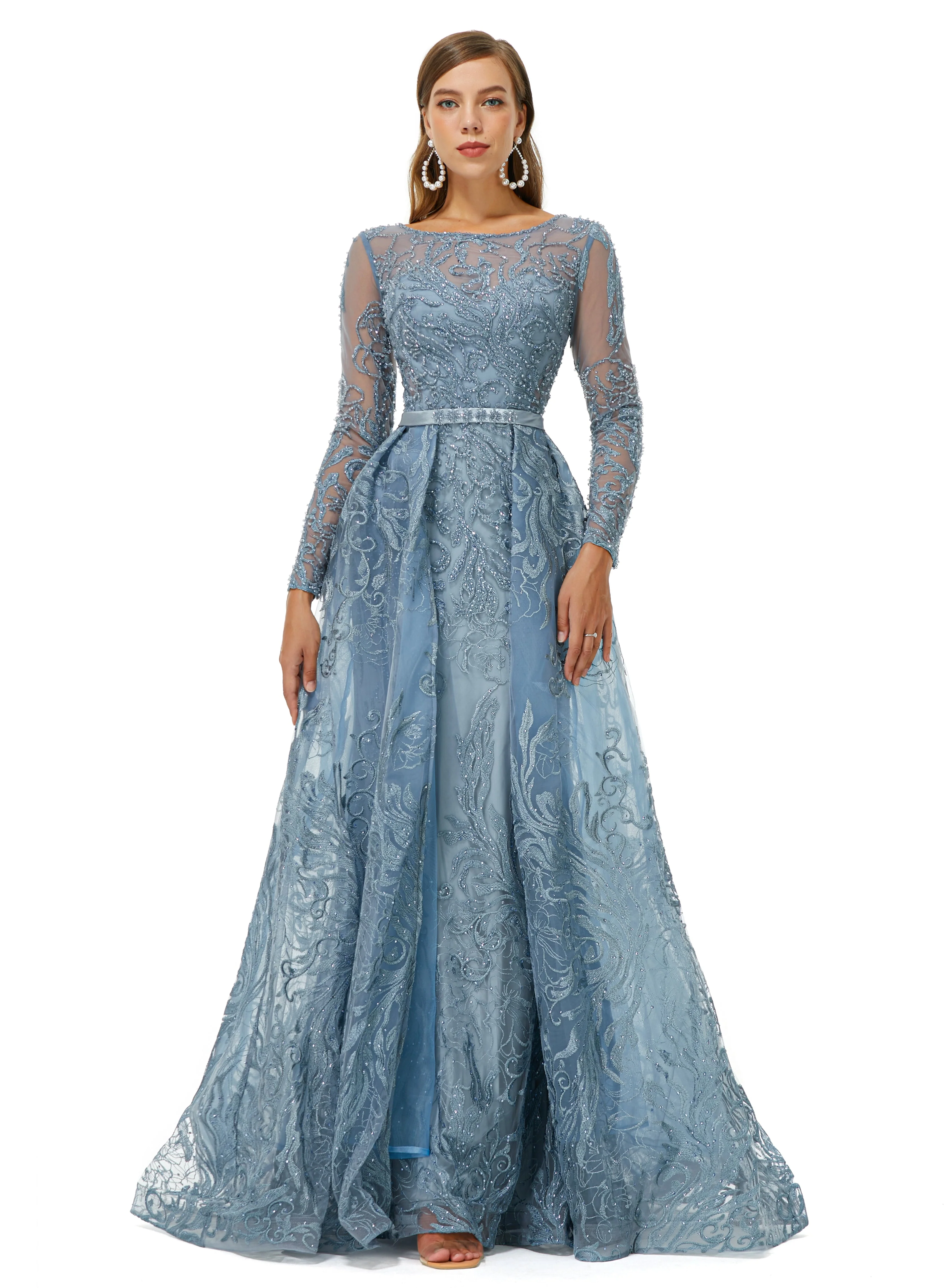 Ballbella Design | Sparkle Beaded Mermaid Long sleeves Prom Dresses with Overskirt - Image 8