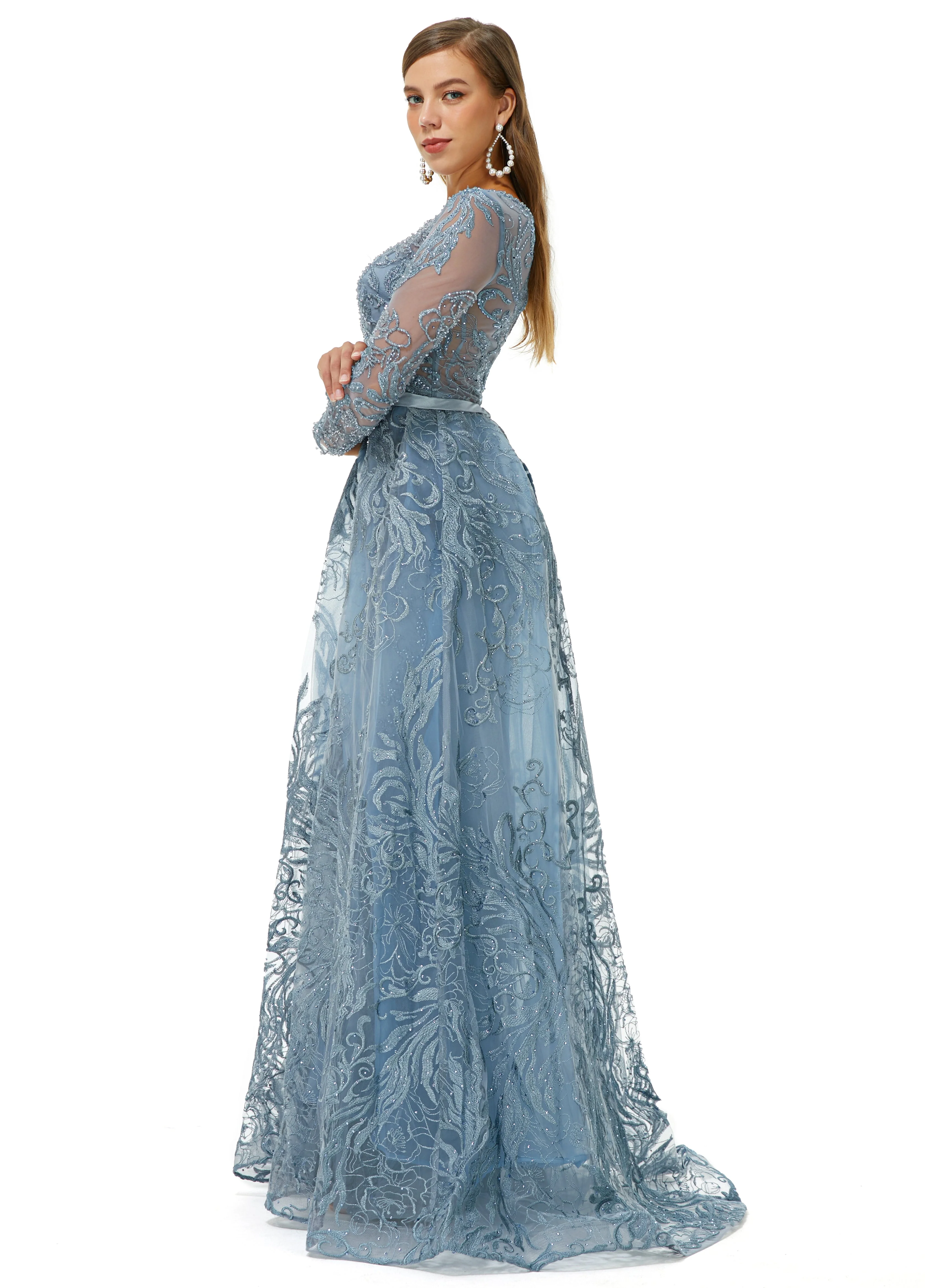 Ballbella Design | Sparkle Beaded Mermaid Long sleeves Prom Dresses with Overskirt - Image 9