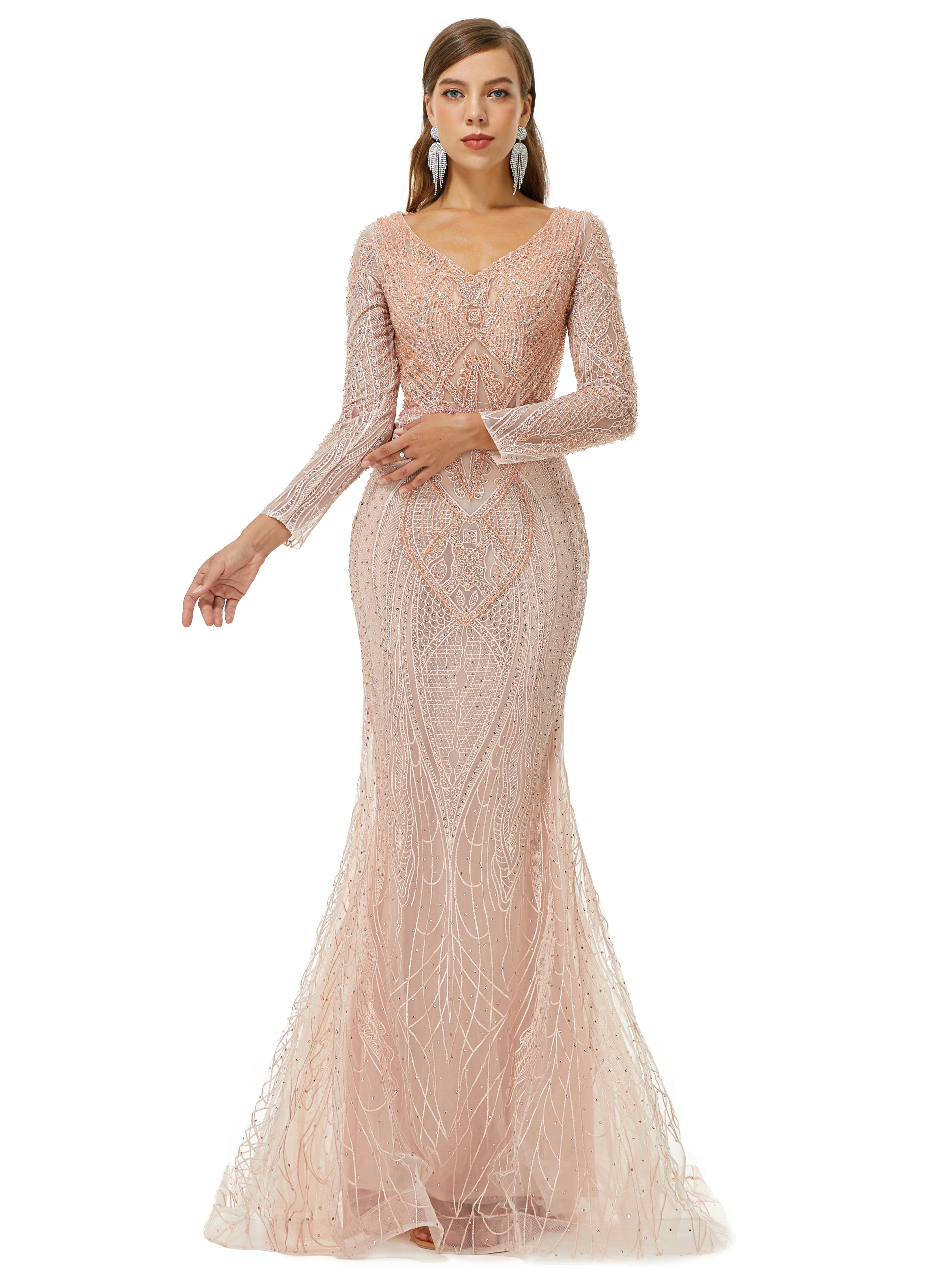 Ballbella Design | Sparkle Beaded Mermaid V-neck Long sleeves Prom Dresses - Image 5