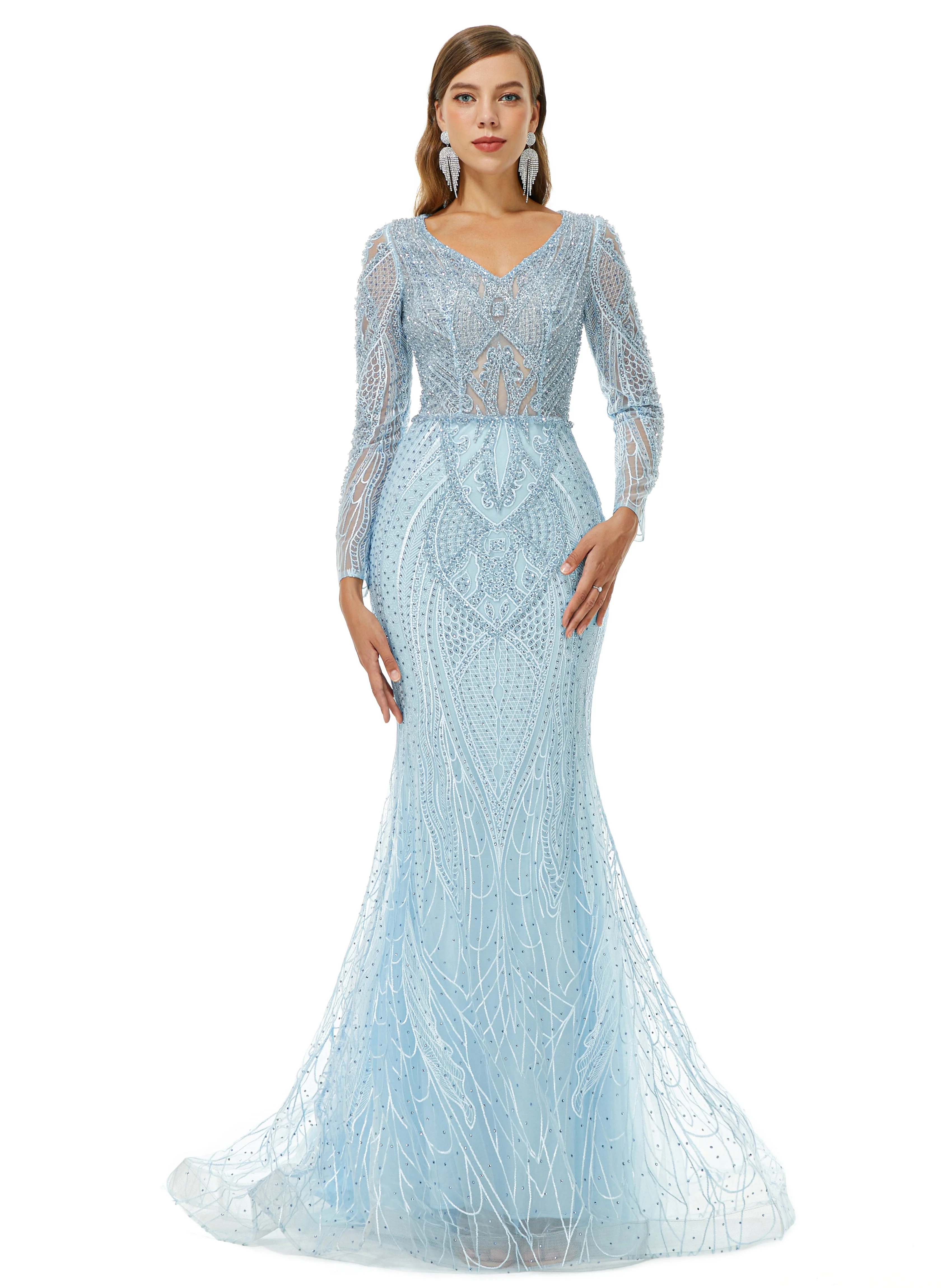 Ballbella Design | Sparkle Beaded Mermaid V-neck Long sleeves Prom Dresses - Image 6