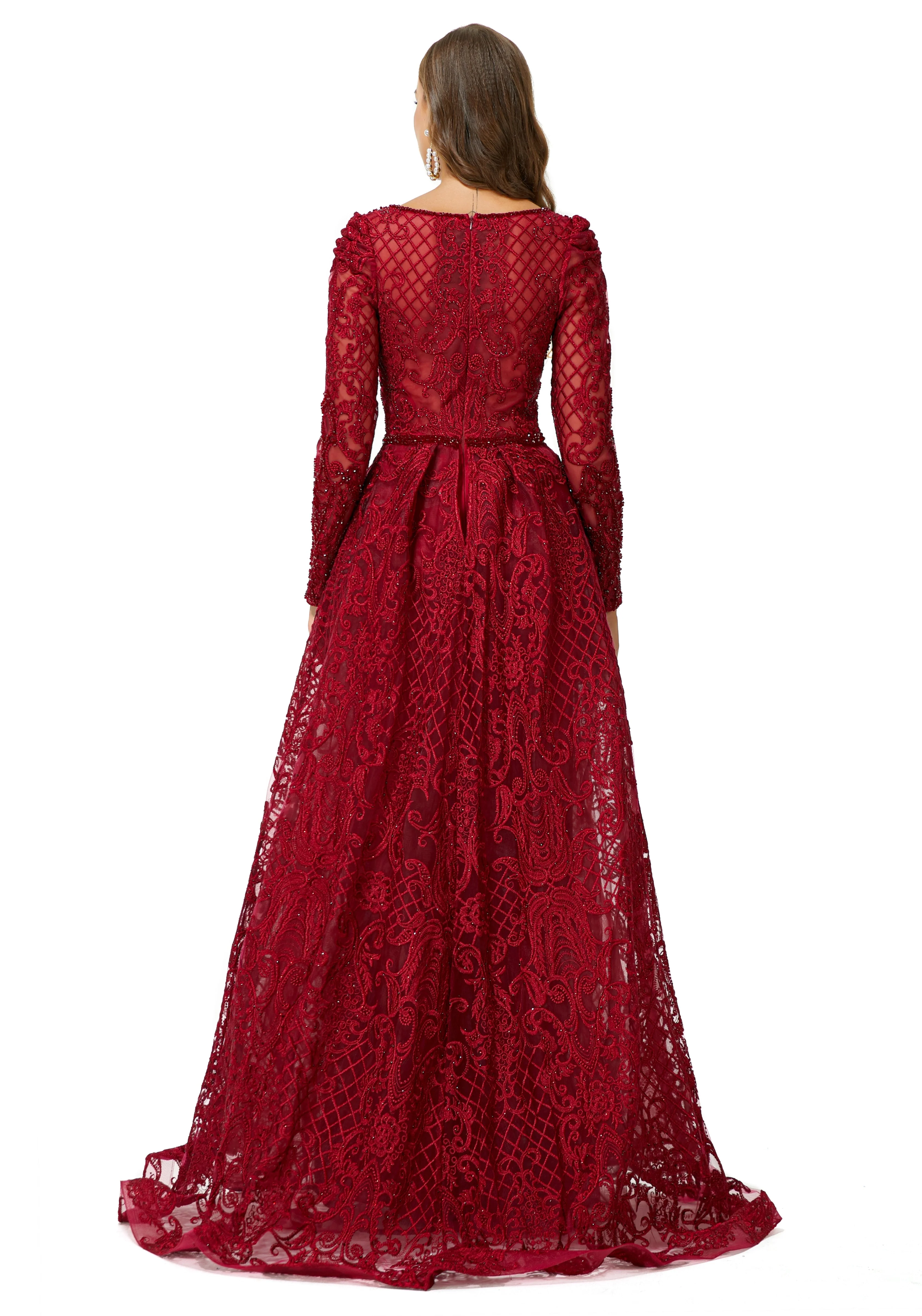 Ballbella Design | Sparkle Beaded Wine Red Long Sleeves Prom Dresses - Image 2