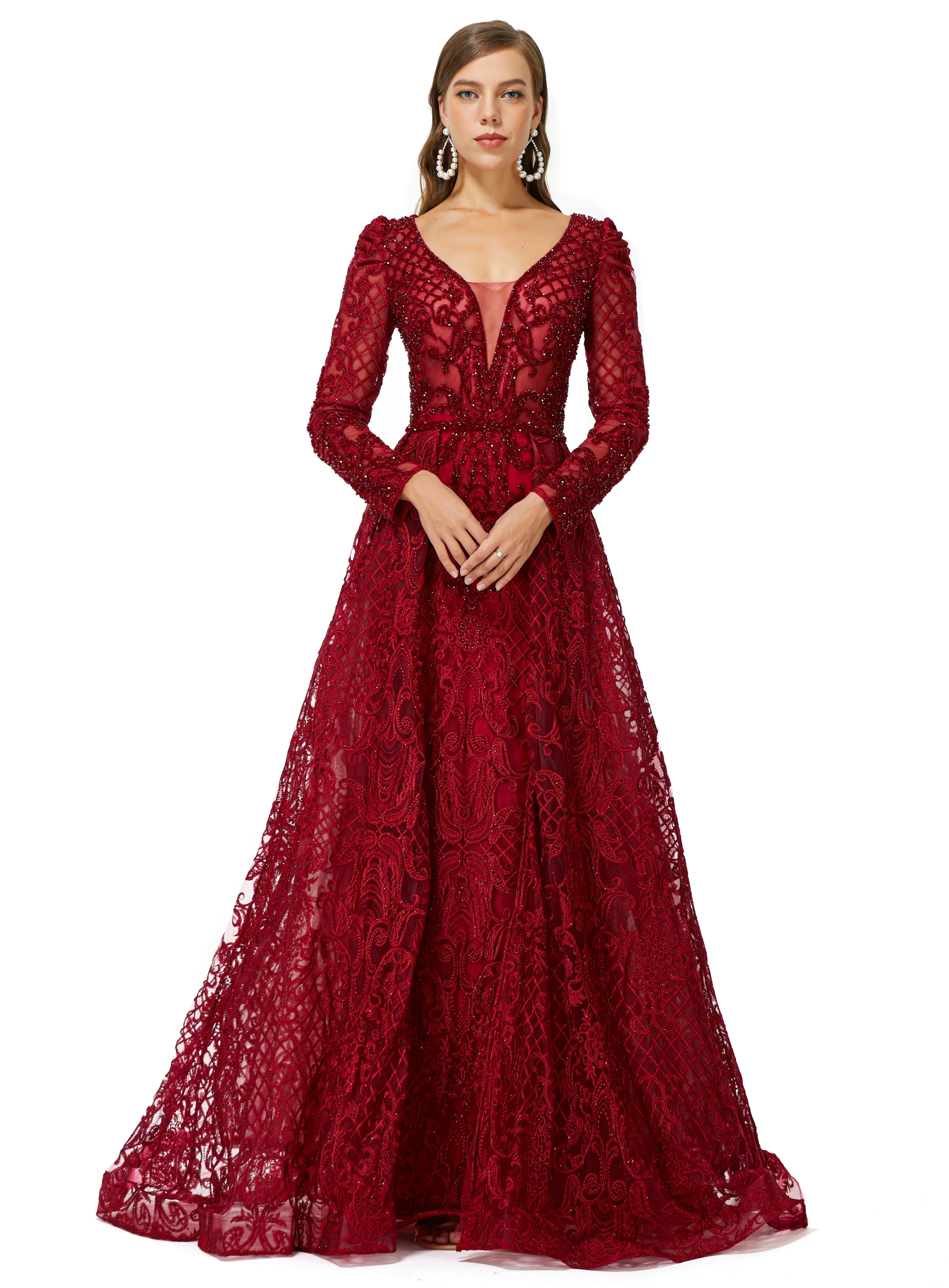 Ballbella Design | Sparkle Beaded Wine Red Long Sleeves Prom Dresses - Image 3