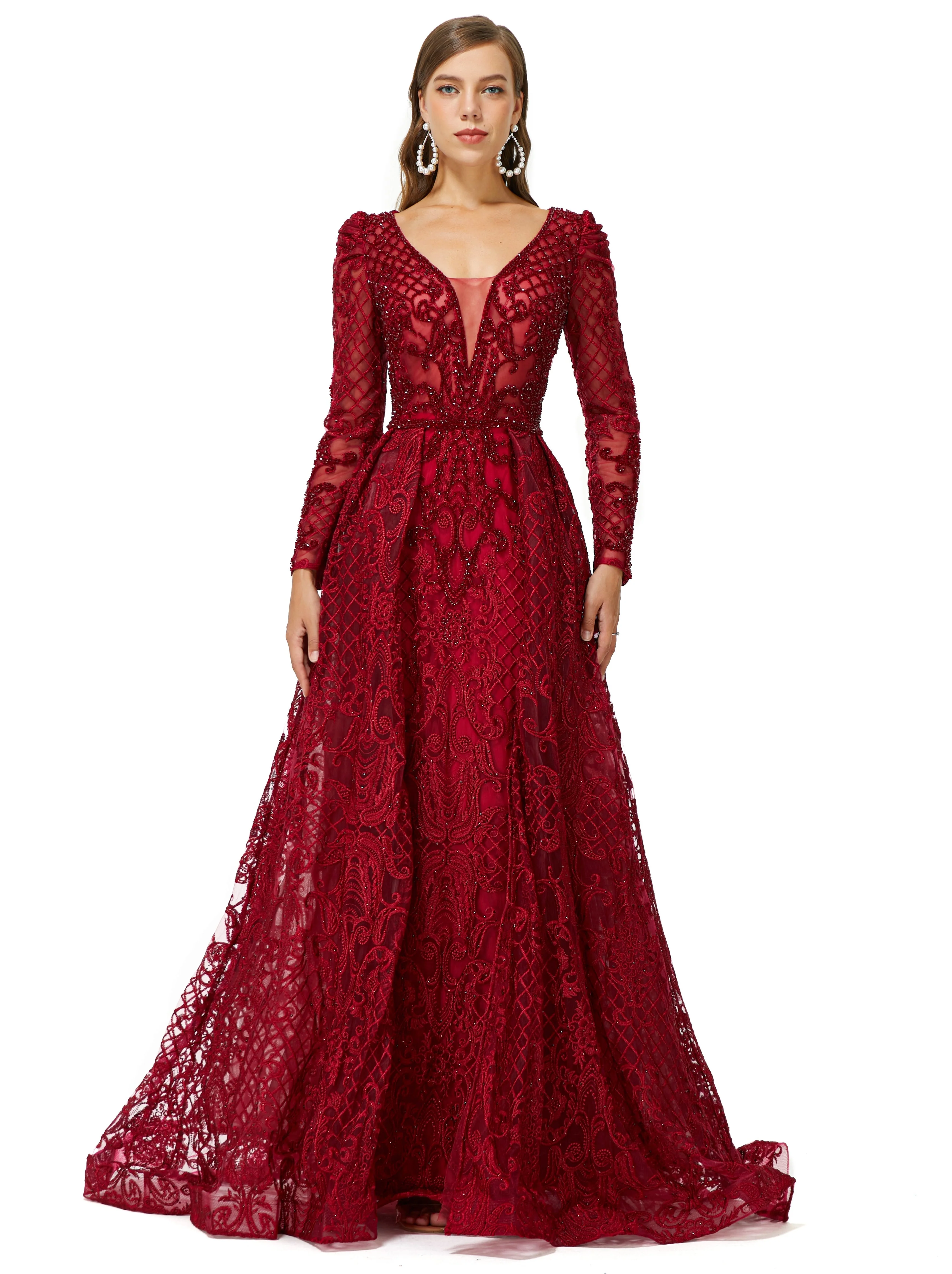 Ballbella Design | Sparkle Beaded Wine Red Long Sleeves Prom Dresses - Image 4