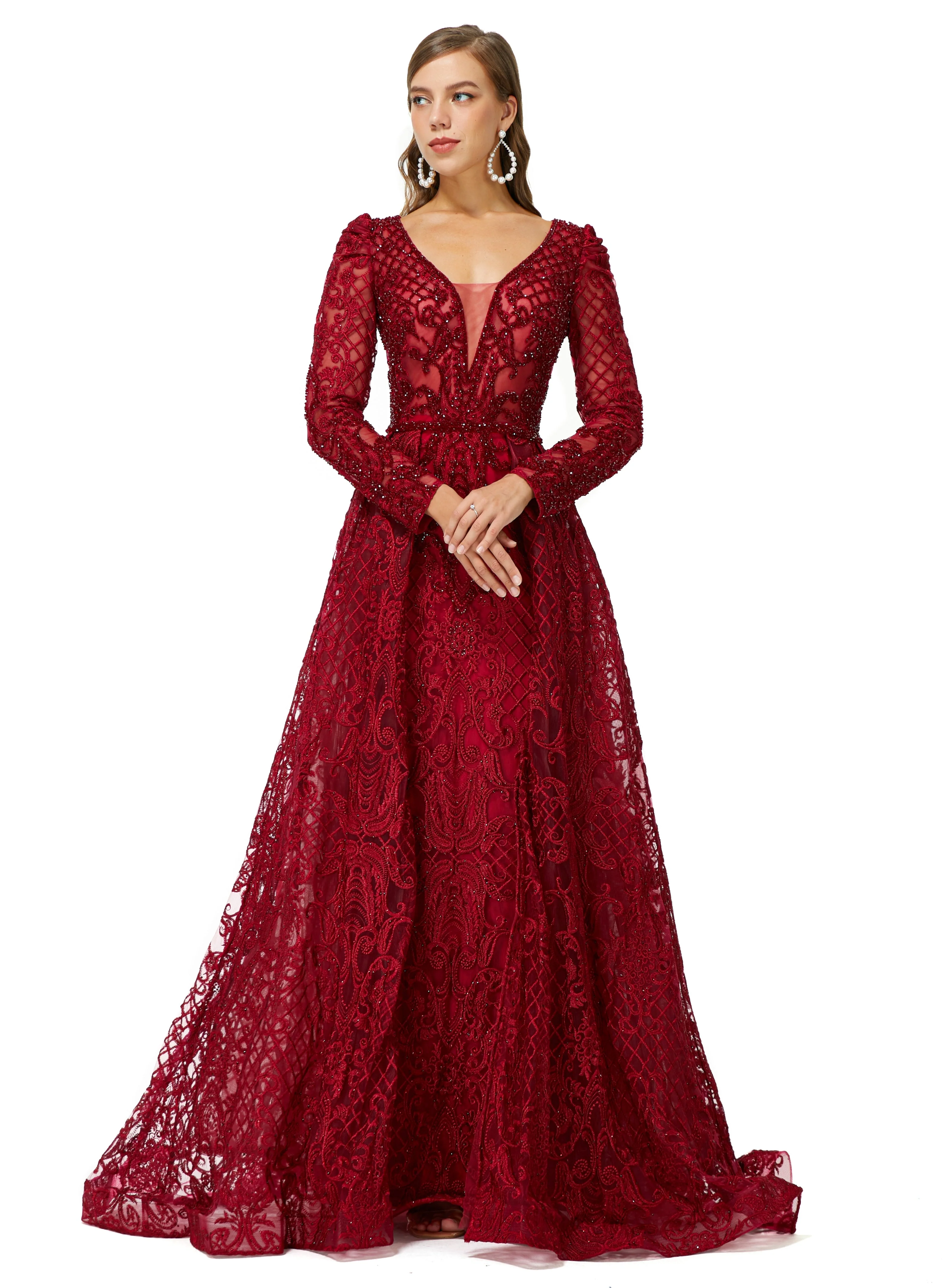 Ballbella Design | Sparkle Beaded Wine Red Long Sleeves Prom Dresses - Image 5
