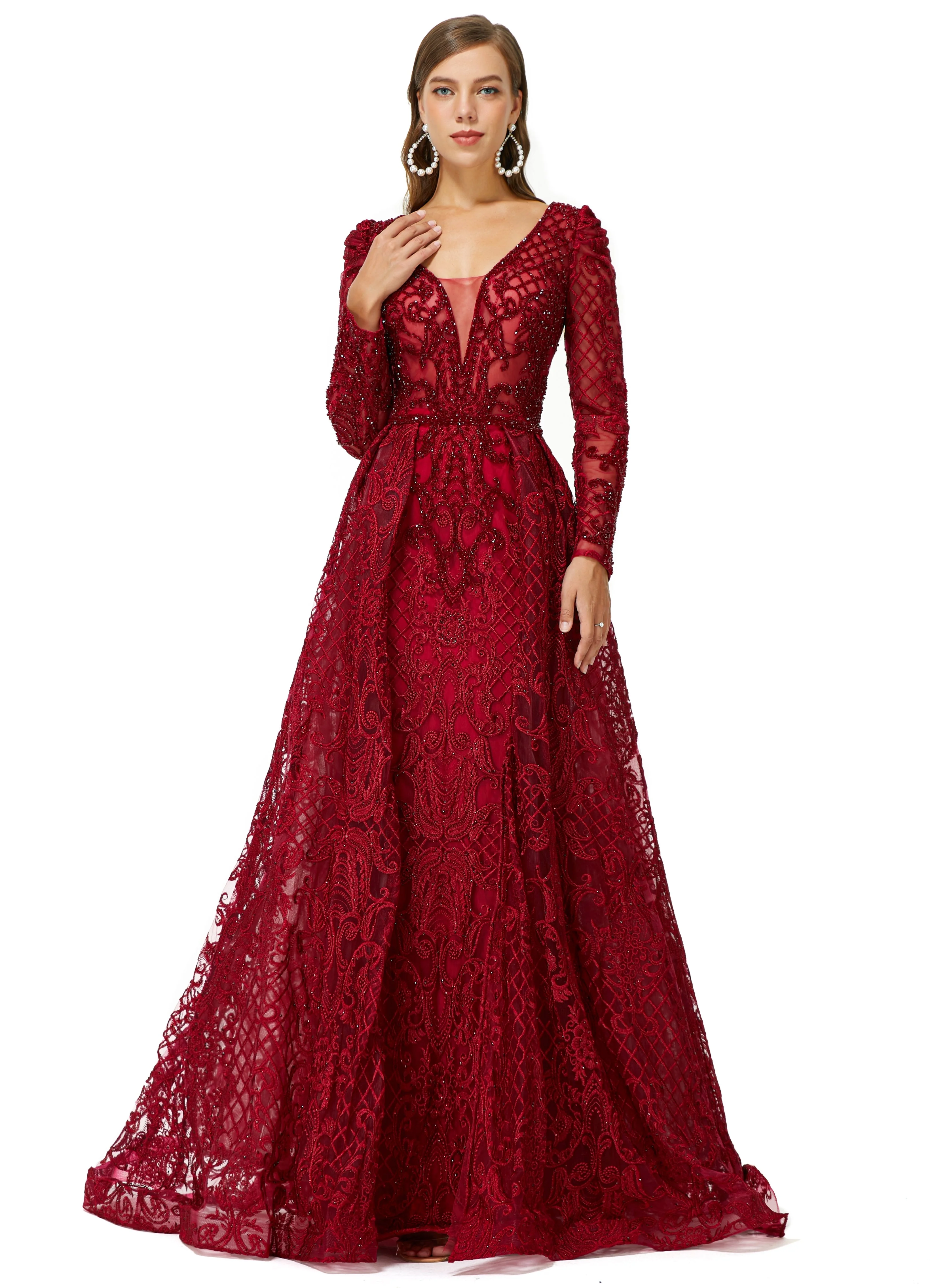 Ballbella Design | Sparkle Beaded Wine Red Long Sleeves Prom Dresses - Image 6