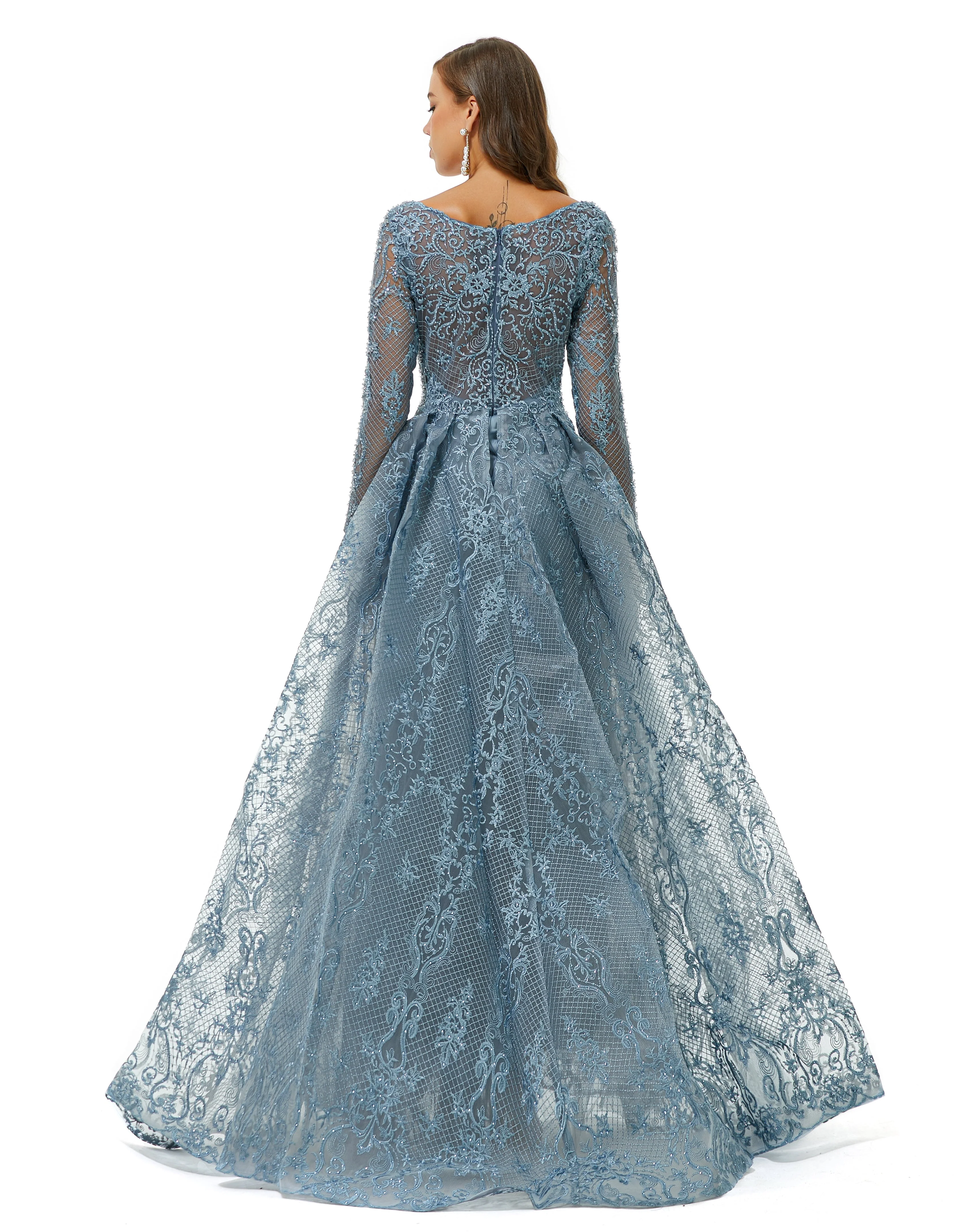 Ballbella Design | Sparkle Dusty Blue Beaded Mermaid Long sleeves Prom Dresses with Overskirt - Image 2