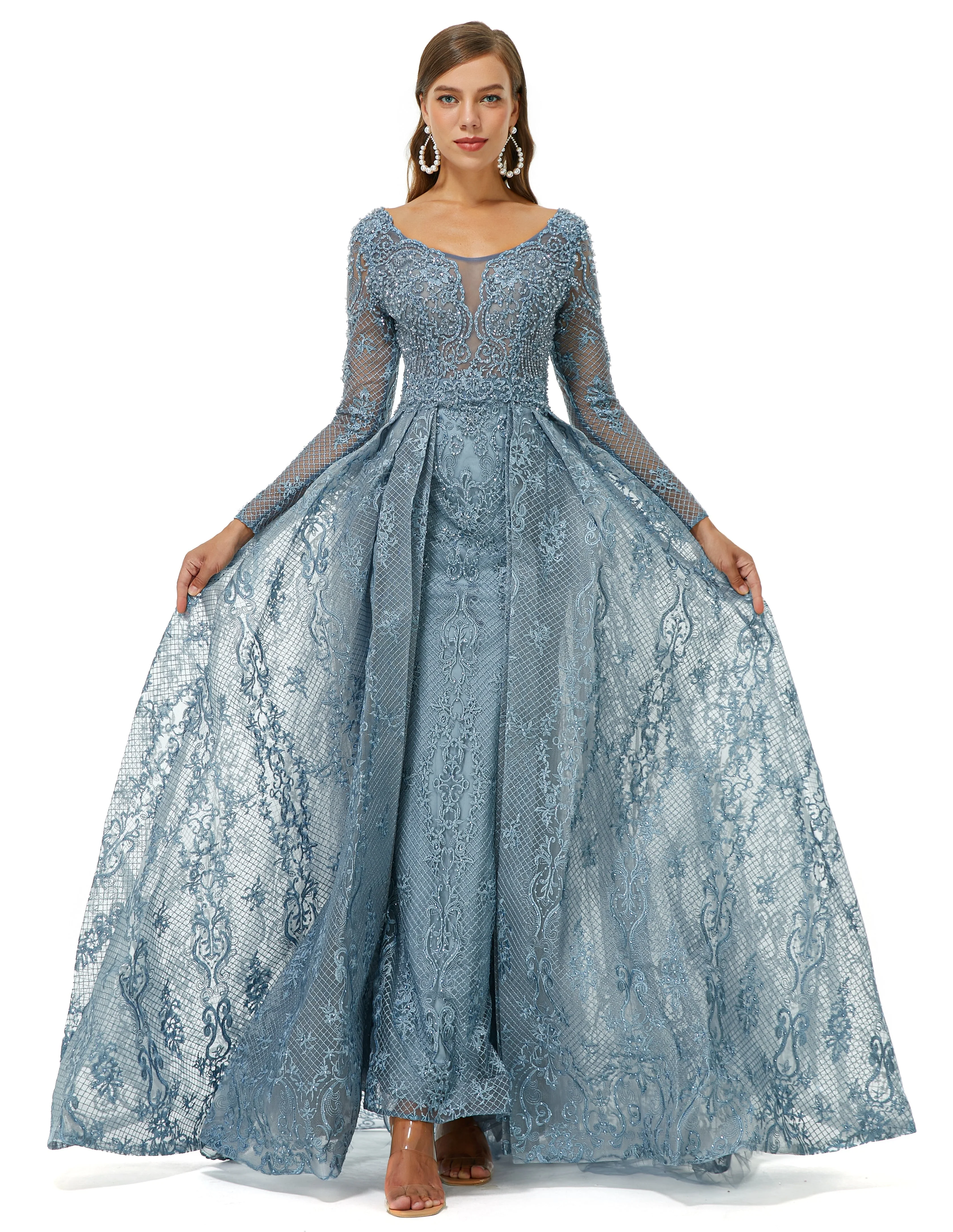 Ballbella Design | Sparkle Dusty Blue Beaded Mermaid Long sleeves Prom Dresses with Overskirt - Image 3