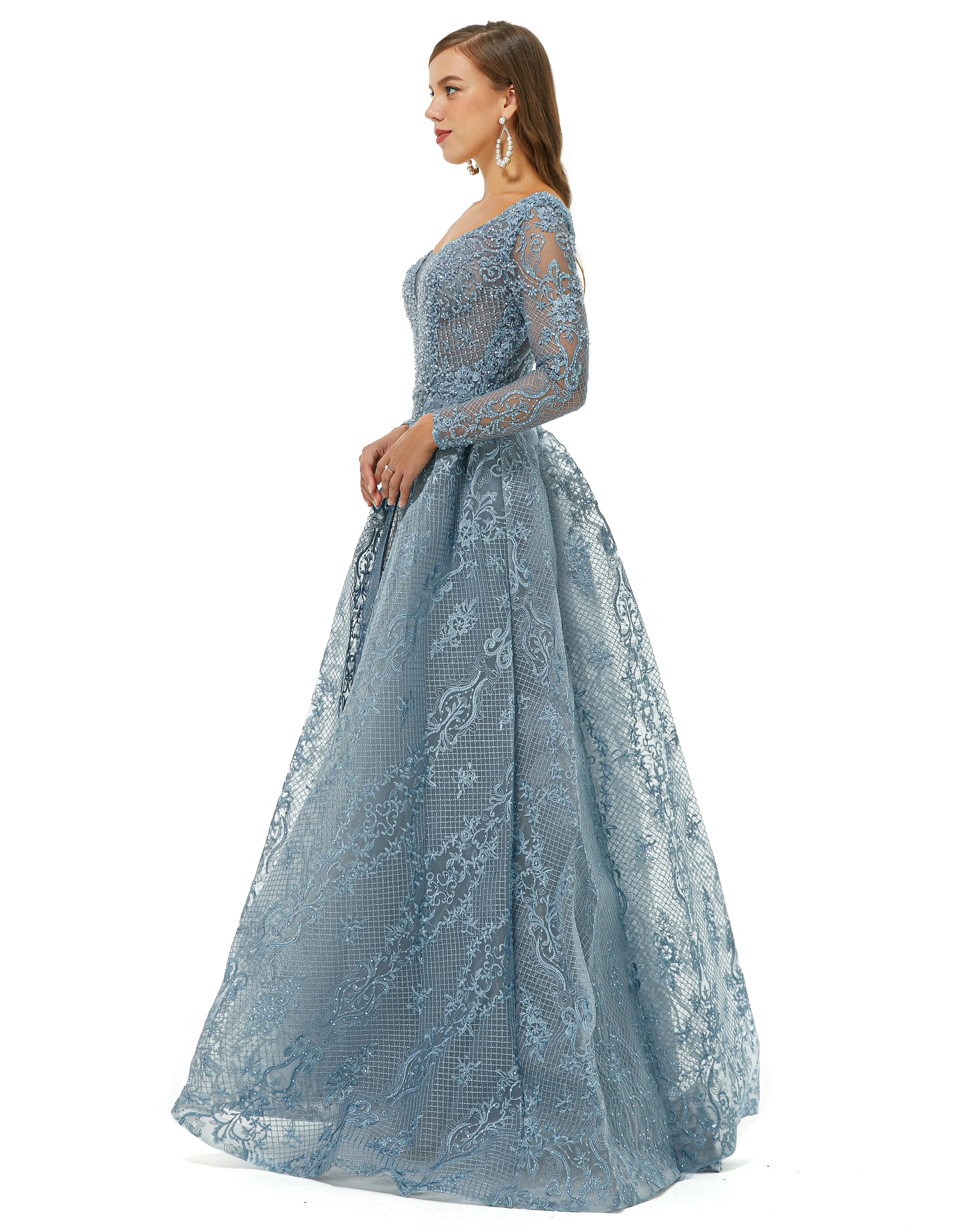Ballbella Design | Sparkle Dusty Blue Beaded Mermaid Long sleeves Prom Dresses with Overskirt - Image 4