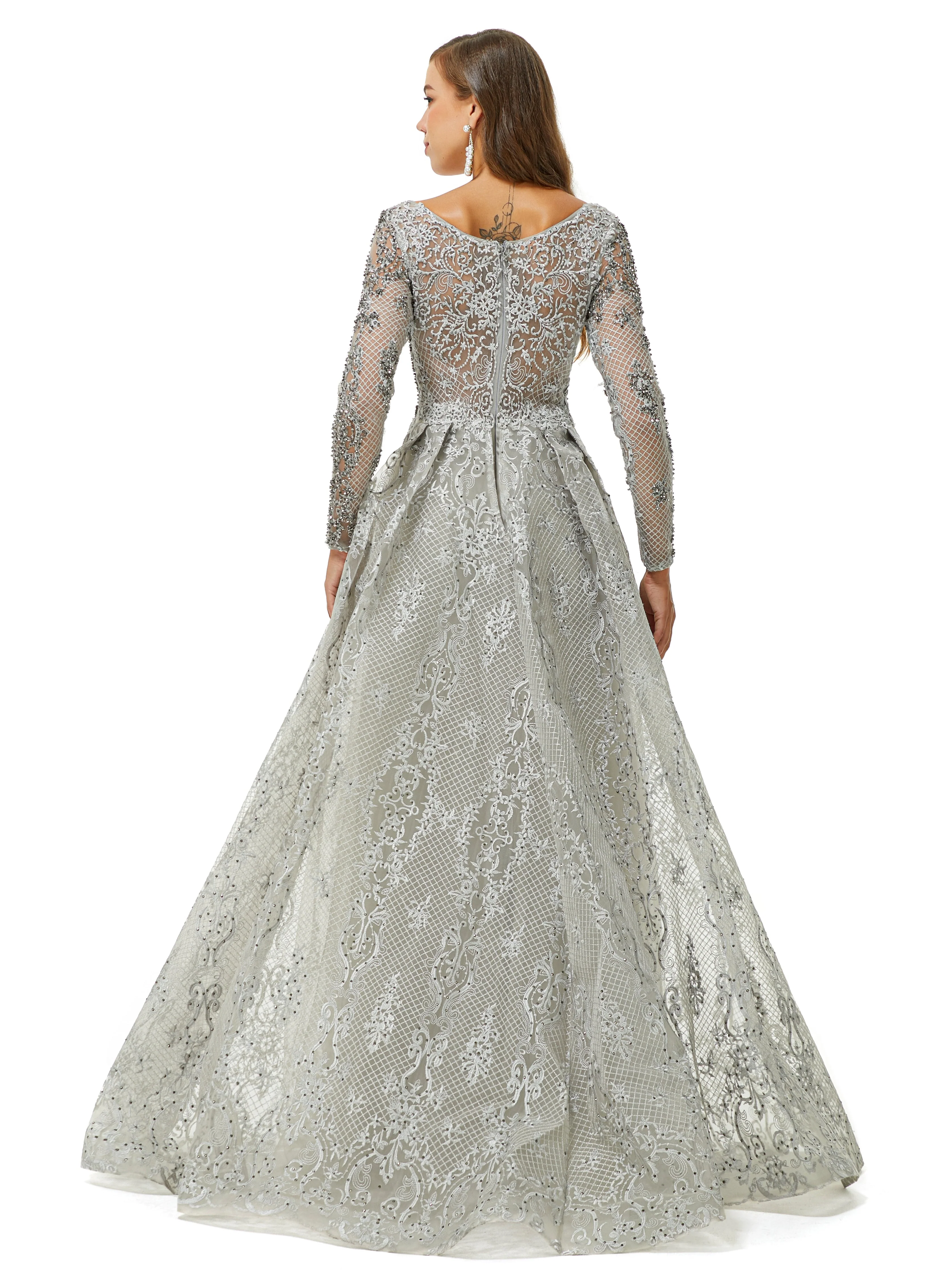 Ballbella Design | Sparkle Dusty Blue Beaded Mermaid Long sleeves Prom Dresses with Overskirt - Image 5