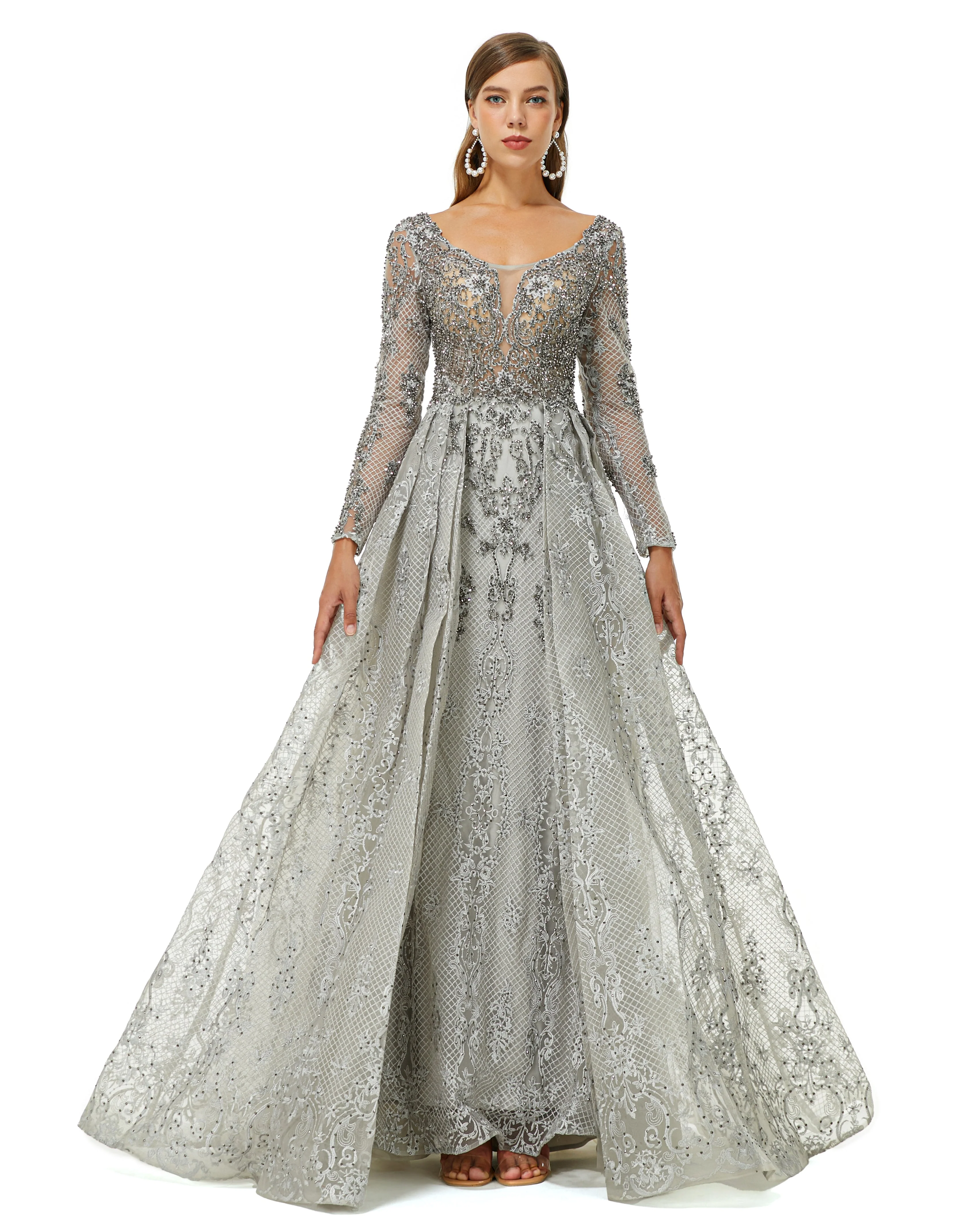 Ballbella Design | Sparkle Dusty Blue Beaded Mermaid Long sleeves Prom Dresses with Overskirt - Image 6