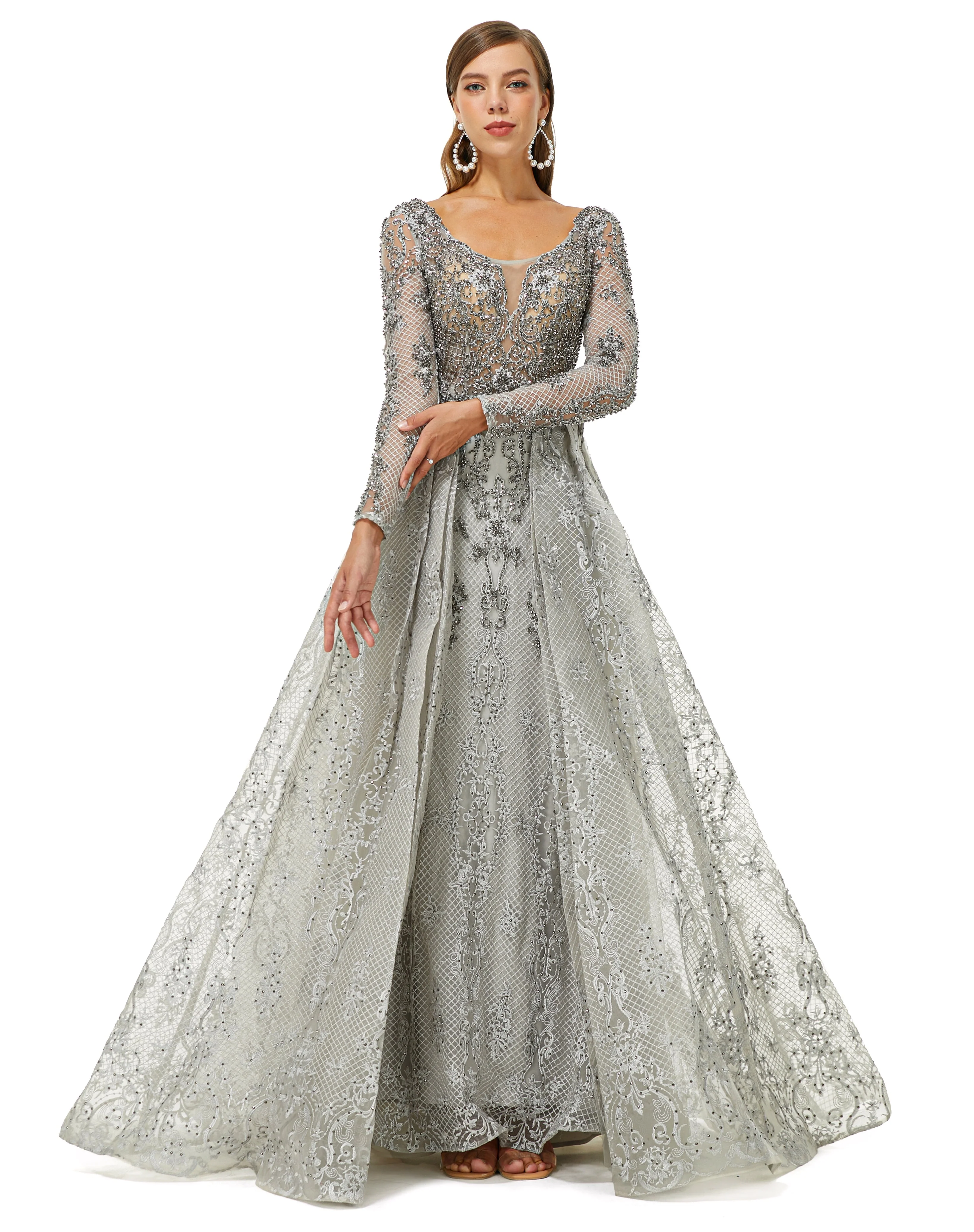 Ballbella Design | Sparkle Dusty Blue Beaded Mermaid Long sleeves Prom Dresses with Overskirt - Image 7