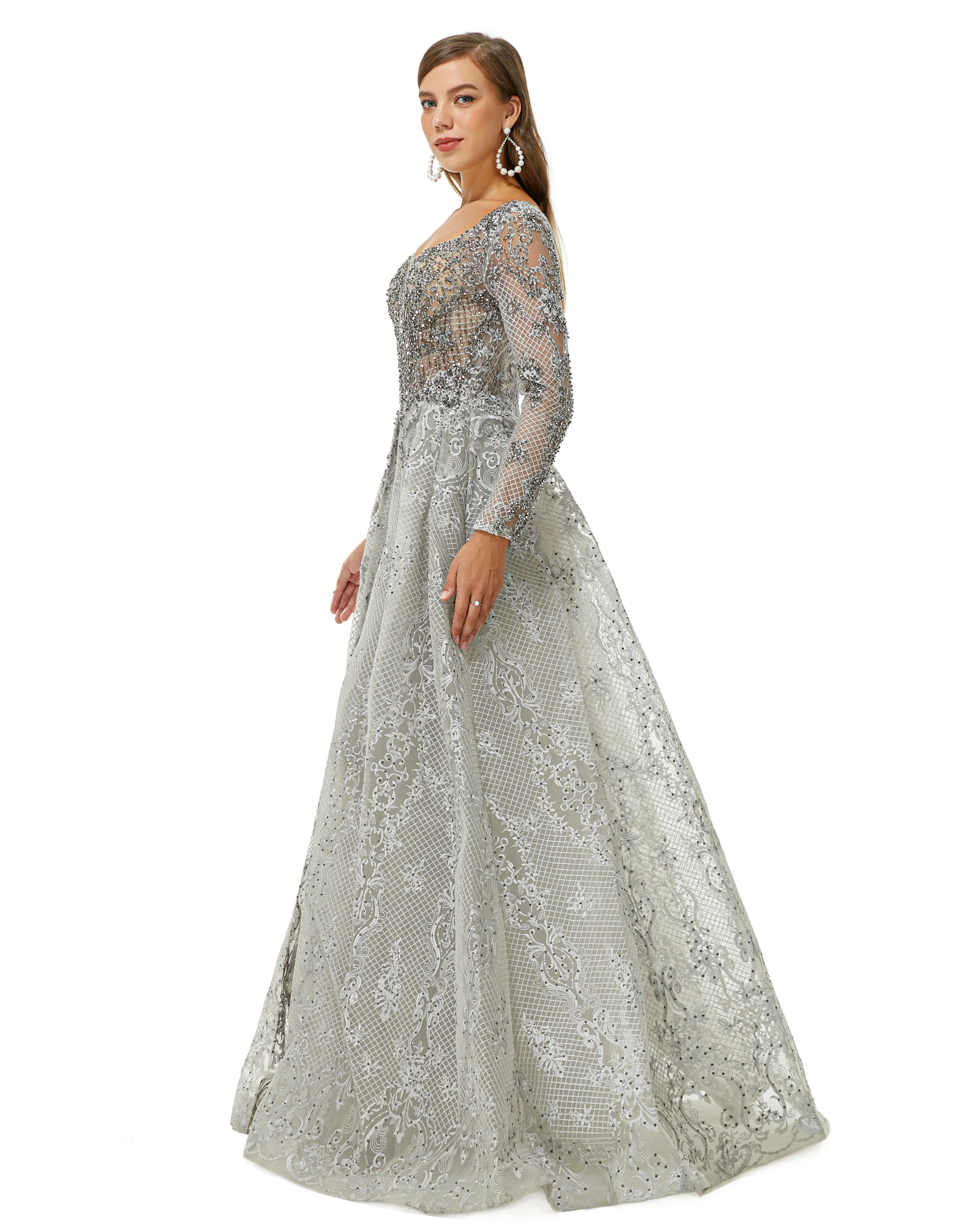 Ballbella Design | Sparkle Dusty Blue Beaded Mermaid Long sleeves Prom Dresses with Overskirt - Image 8
