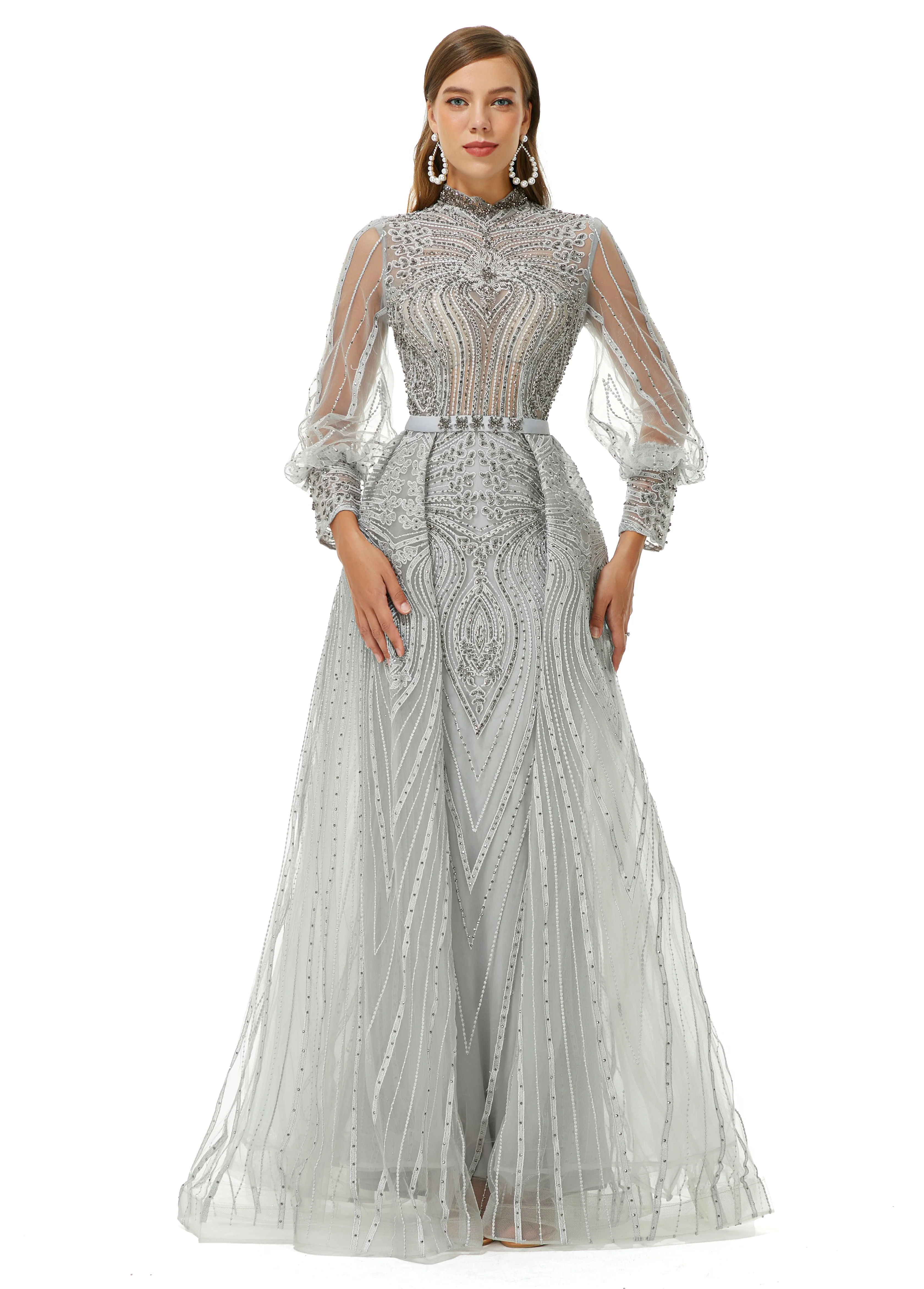 Ballbella Design | Sparkle Gray Beaded Mermaid Long sleeves Prom Dresses with Overskirt - Image 2