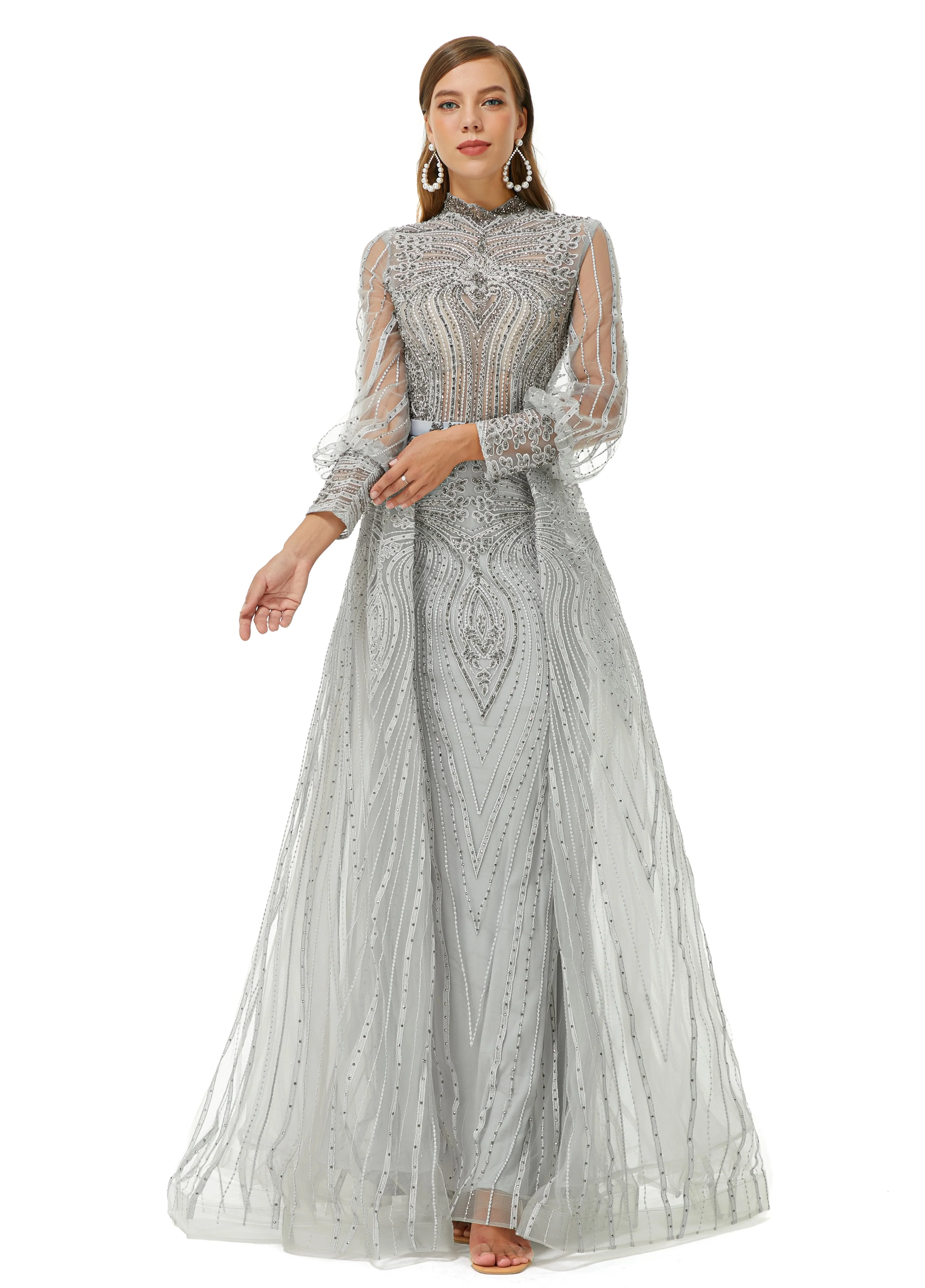 Ballbella Design | Sparkle Gray Beaded Mermaid Long sleeves Prom Dresses with Overskirt - Image 3