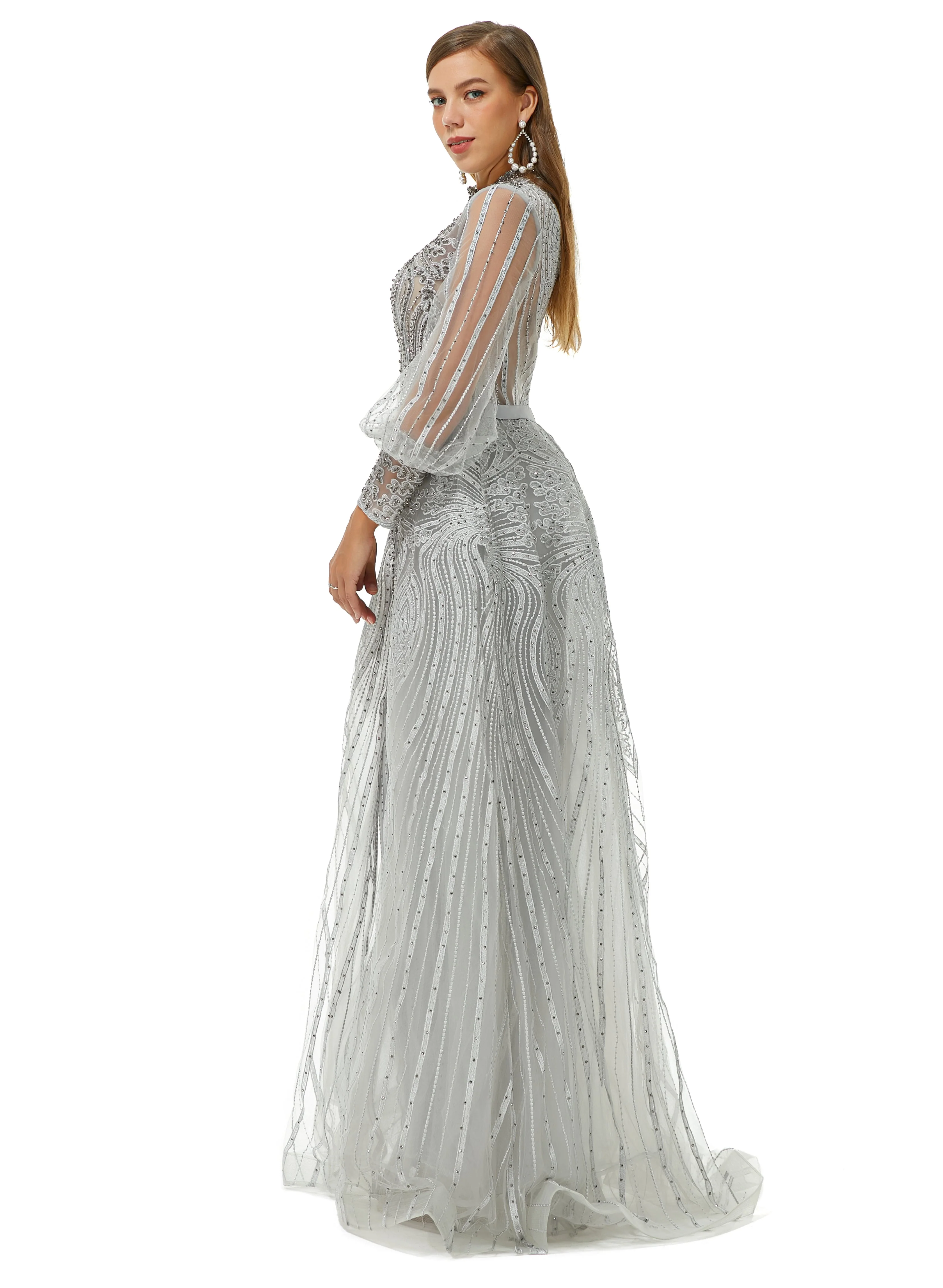 Ballbella Design | Sparkle Gray Beaded Mermaid Long sleeves Prom Dresses with Overskirt - Image 4