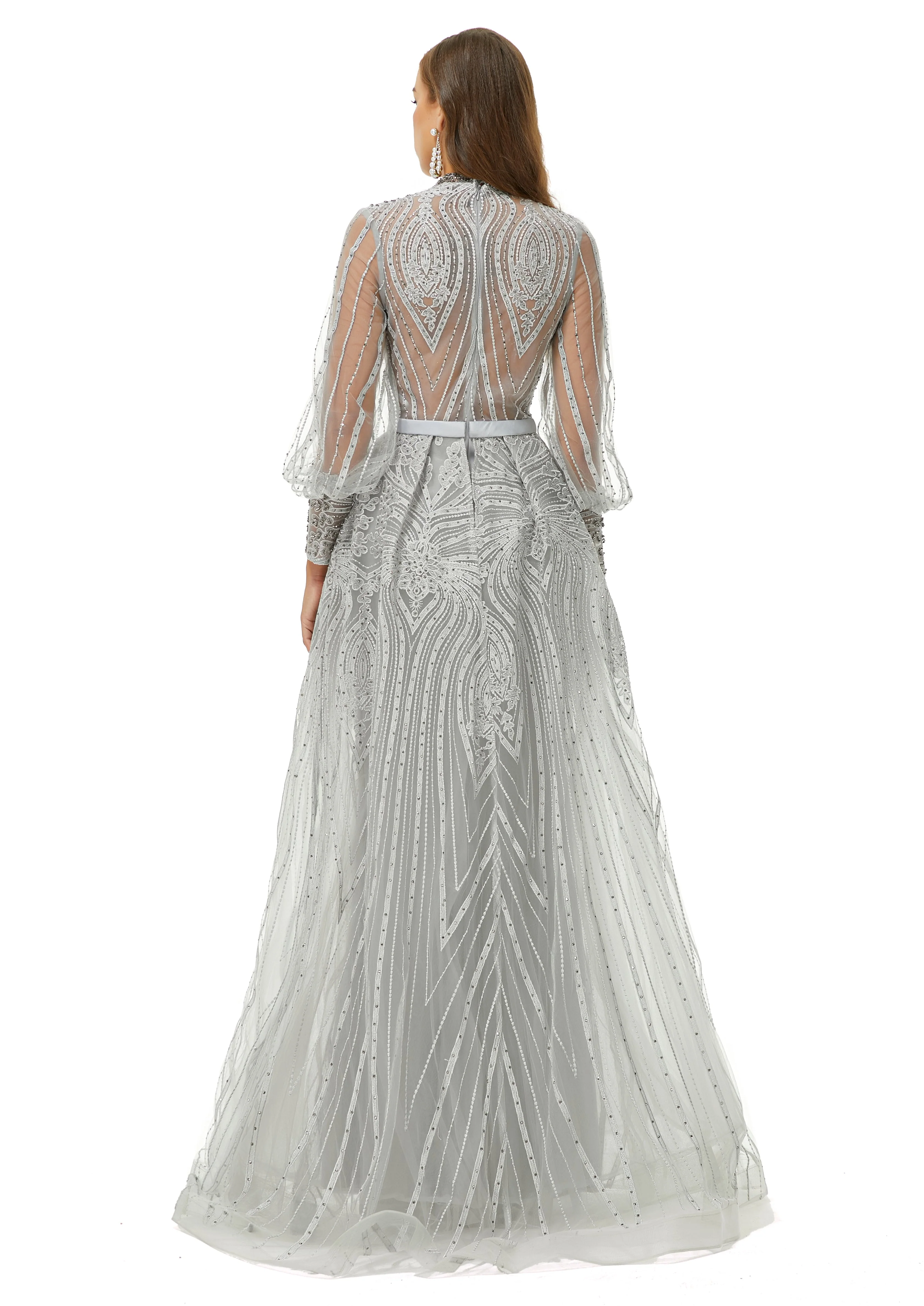 Ballbella Design | Sparkle Gray Beaded Mermaid Long sleeves Prom Dresses with Overskirt - Image 5