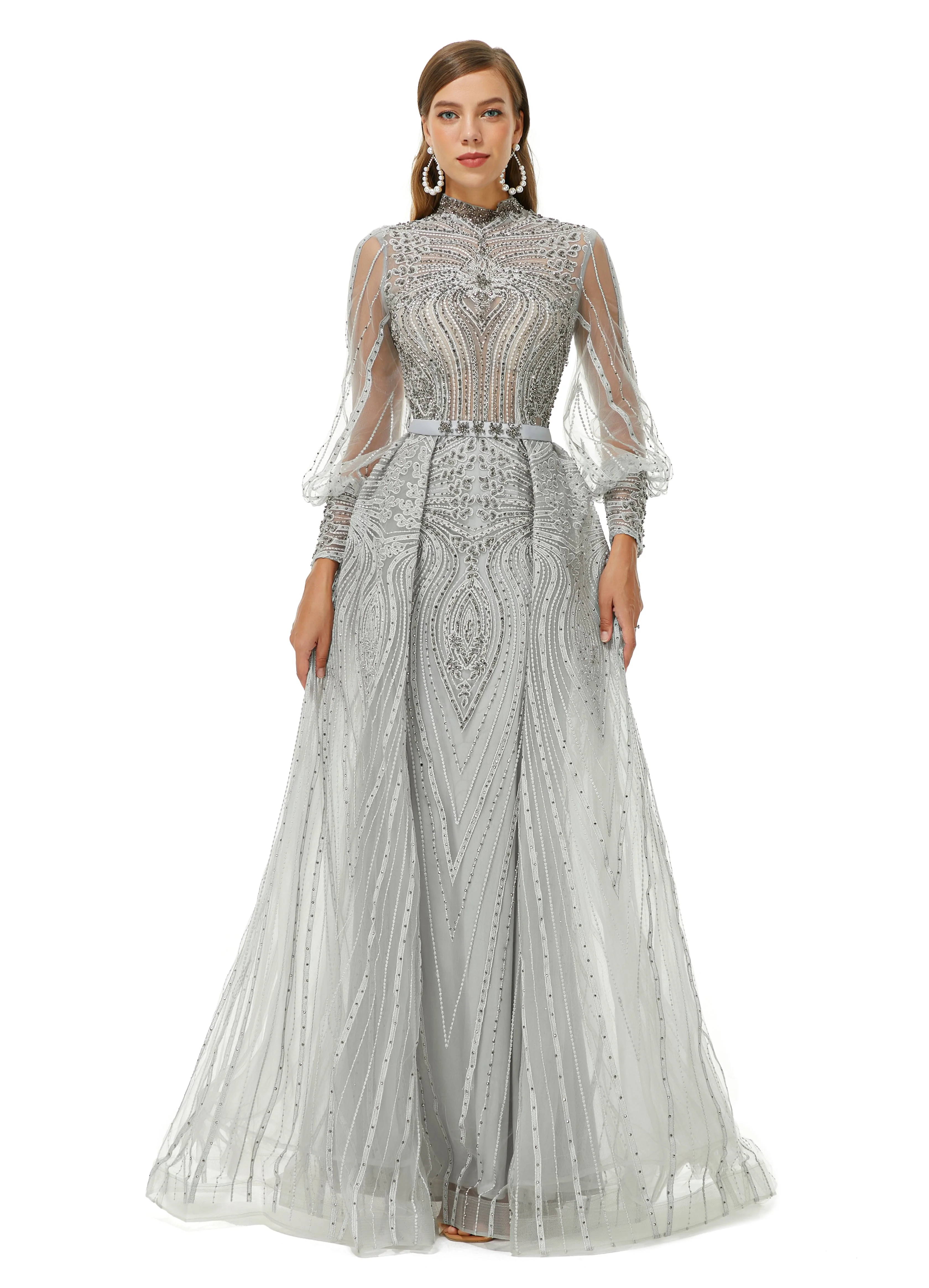 Ballbella Design | Sparkle Gray Beaded Mermaid Long sleeves Prom Dresses with Overskirt - Image 6