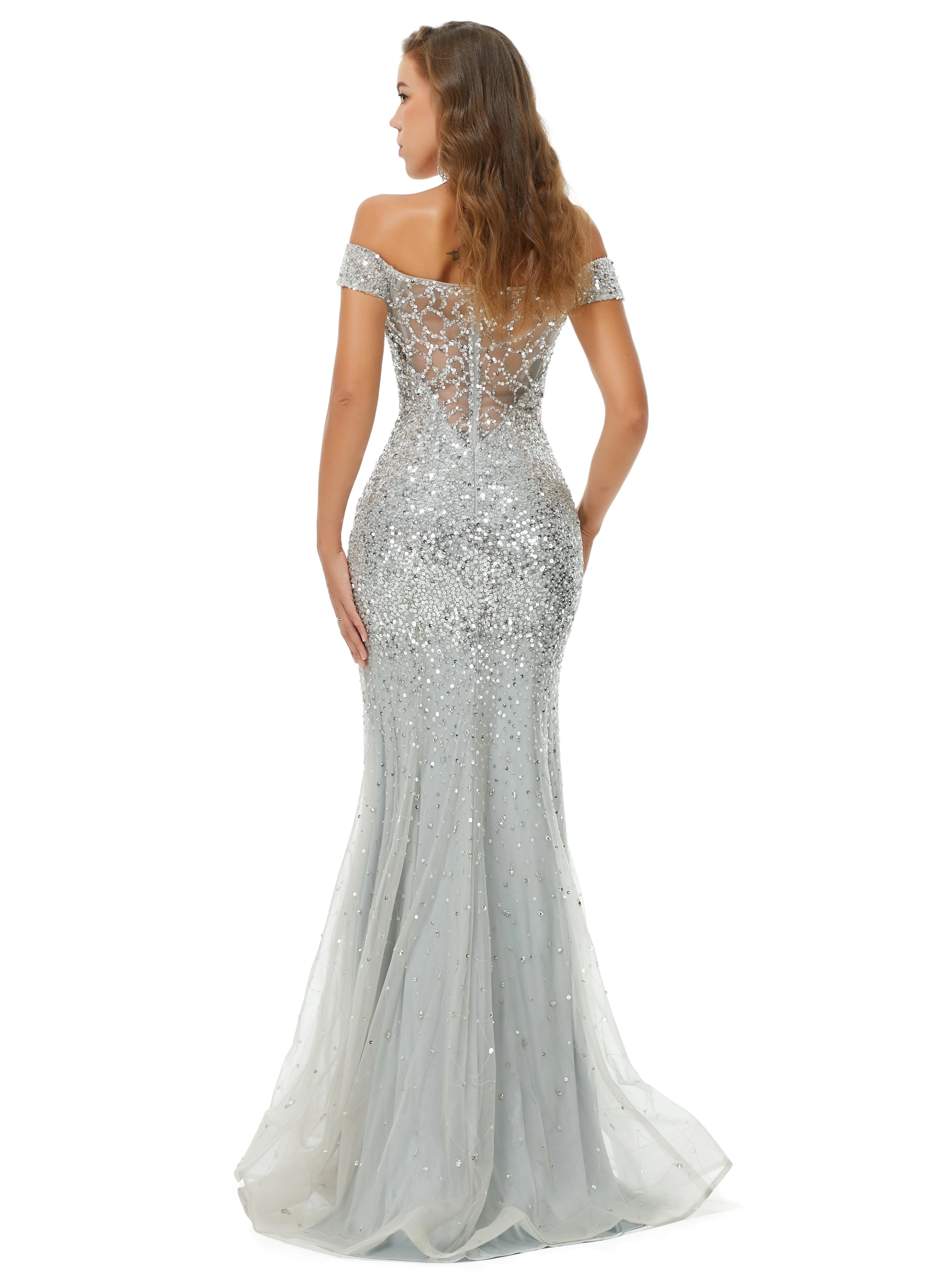 Ballbella Design | Sparkle Silver Mermaid Beaded Cap sleeves Off-the-shoulder Prom Dresses - Image 2