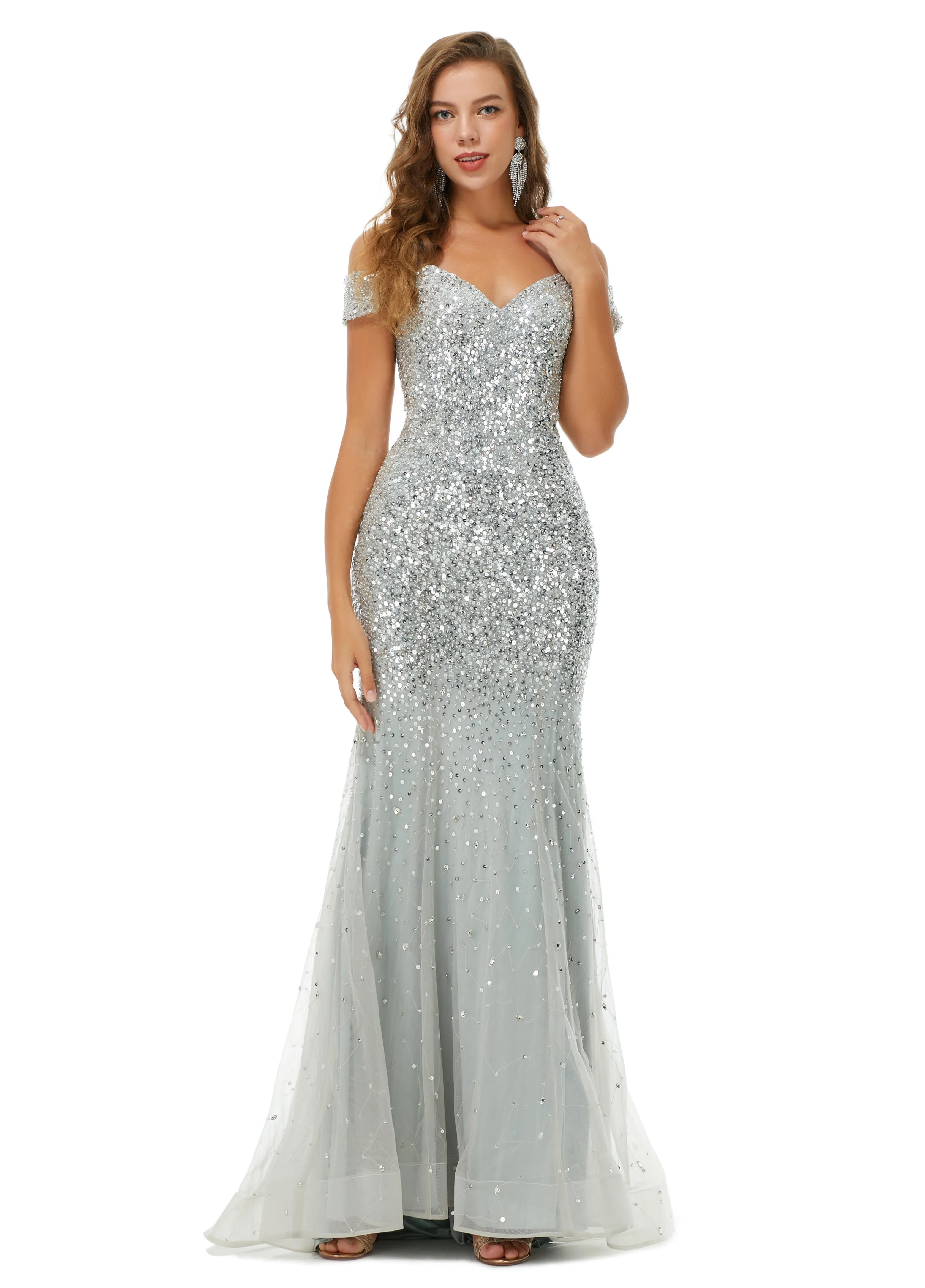 Ballbella Design | Sparkle Silver Mermaid Beaded Cap sleeves Off-the-shoulder Prom Dresses - Image 3