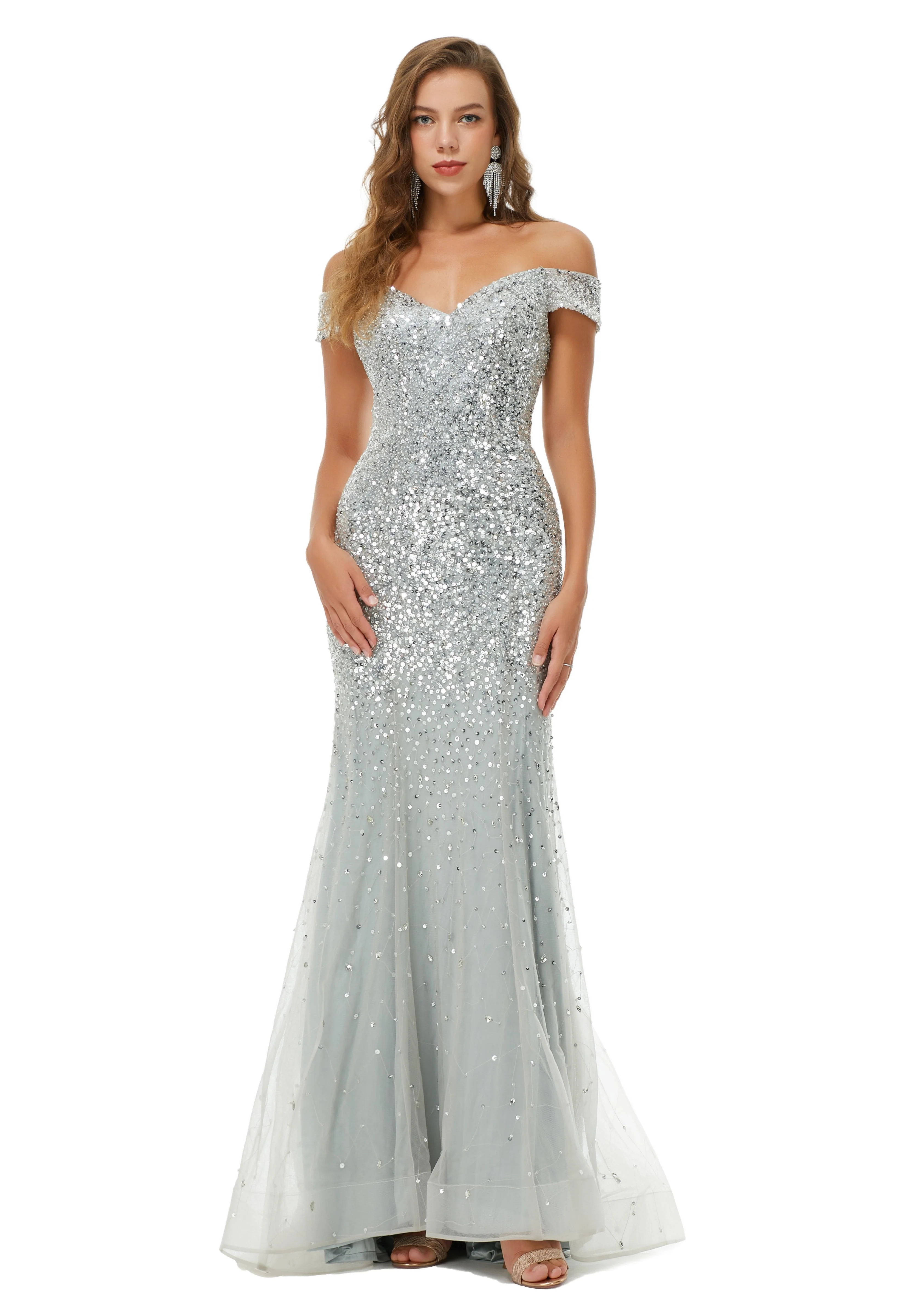 Ballbella Design | Sparkle Silver Mermaid Beaded Cap sleeves Off-the-shoulder Prom Dresses - Image 5
