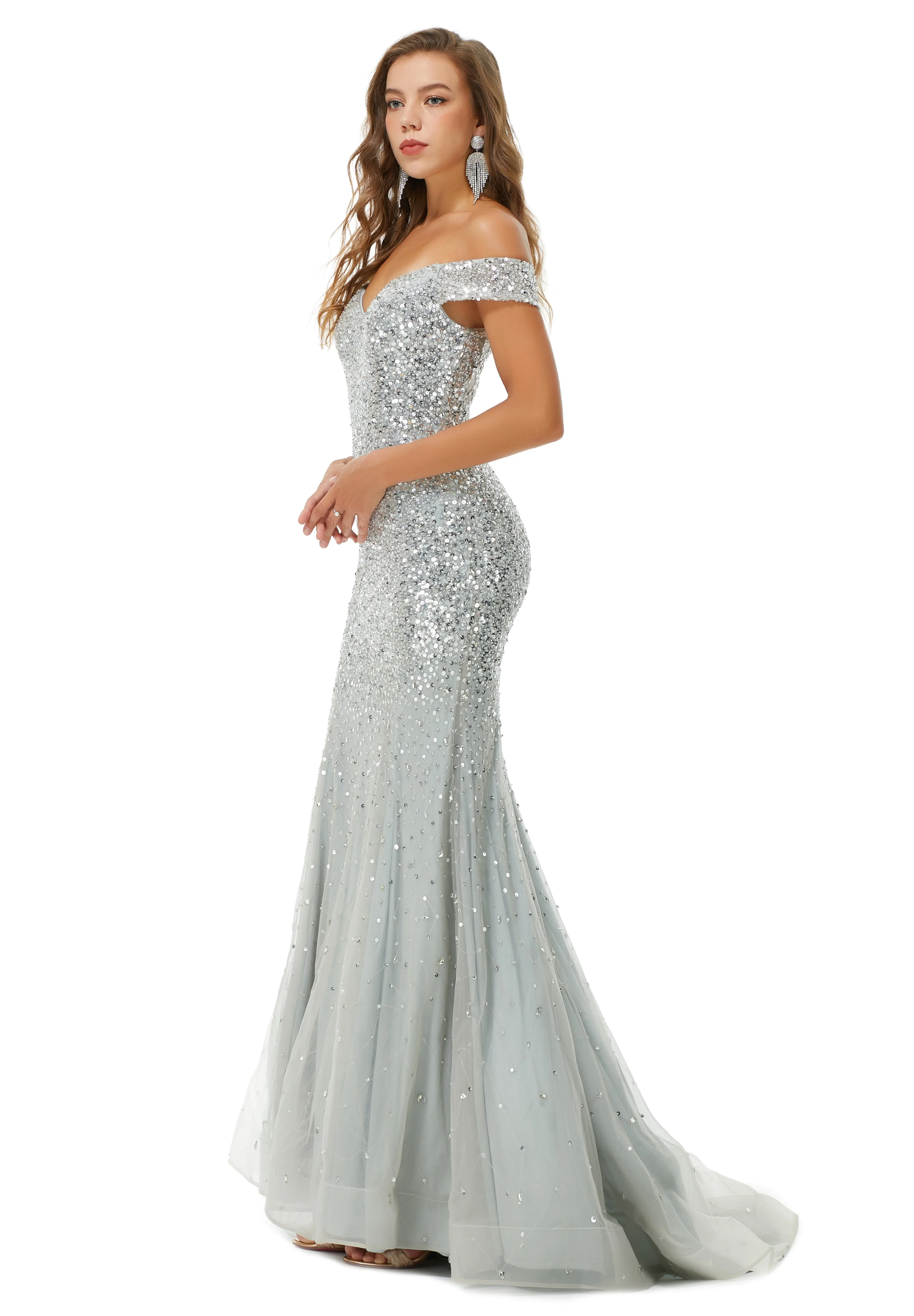 Ballbella Design | Sparkle Silver Mermaid Beaded Cap sleeves Off-the-shoulder Prom Dresses - Image 6