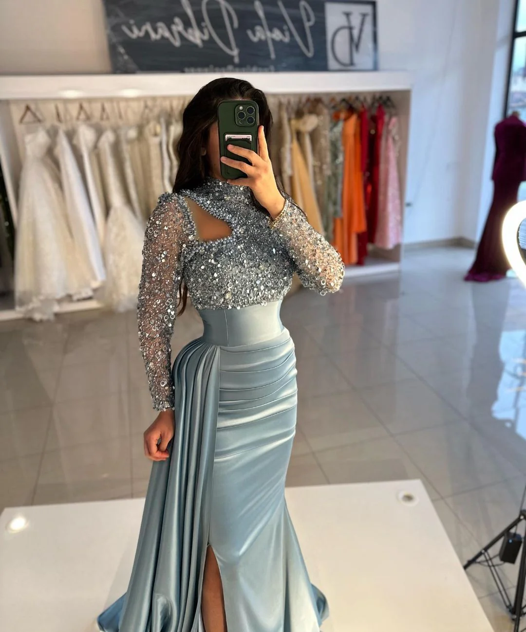 Ballbella Dusty Blue Long Sleeves Prom Dress Mermaid With Sequins High Neck - Image 3