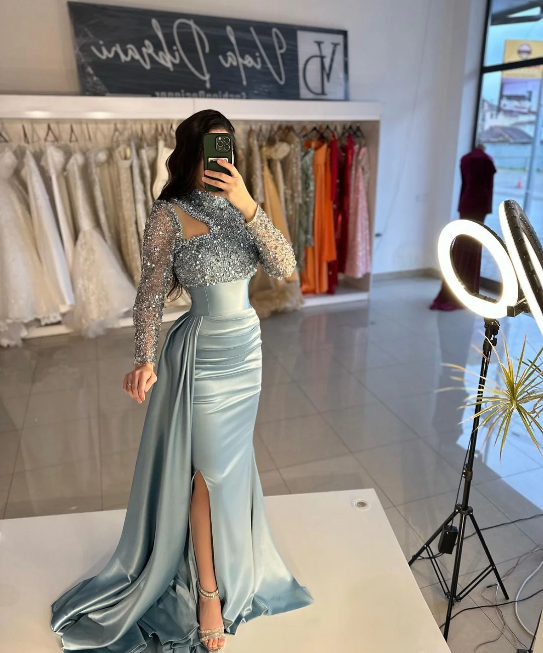Ballbella Dusty Blue Long Sleeves Prom Dress Mermaid With Sequins High Neck - Image 4