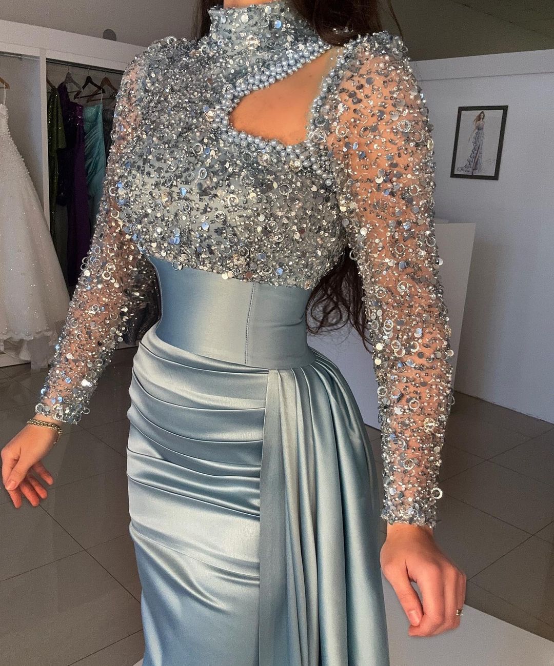 Ballbella Dusty Blue Long Sleeves Prom Dress Mermaid With Sequins High Neck - Image 5