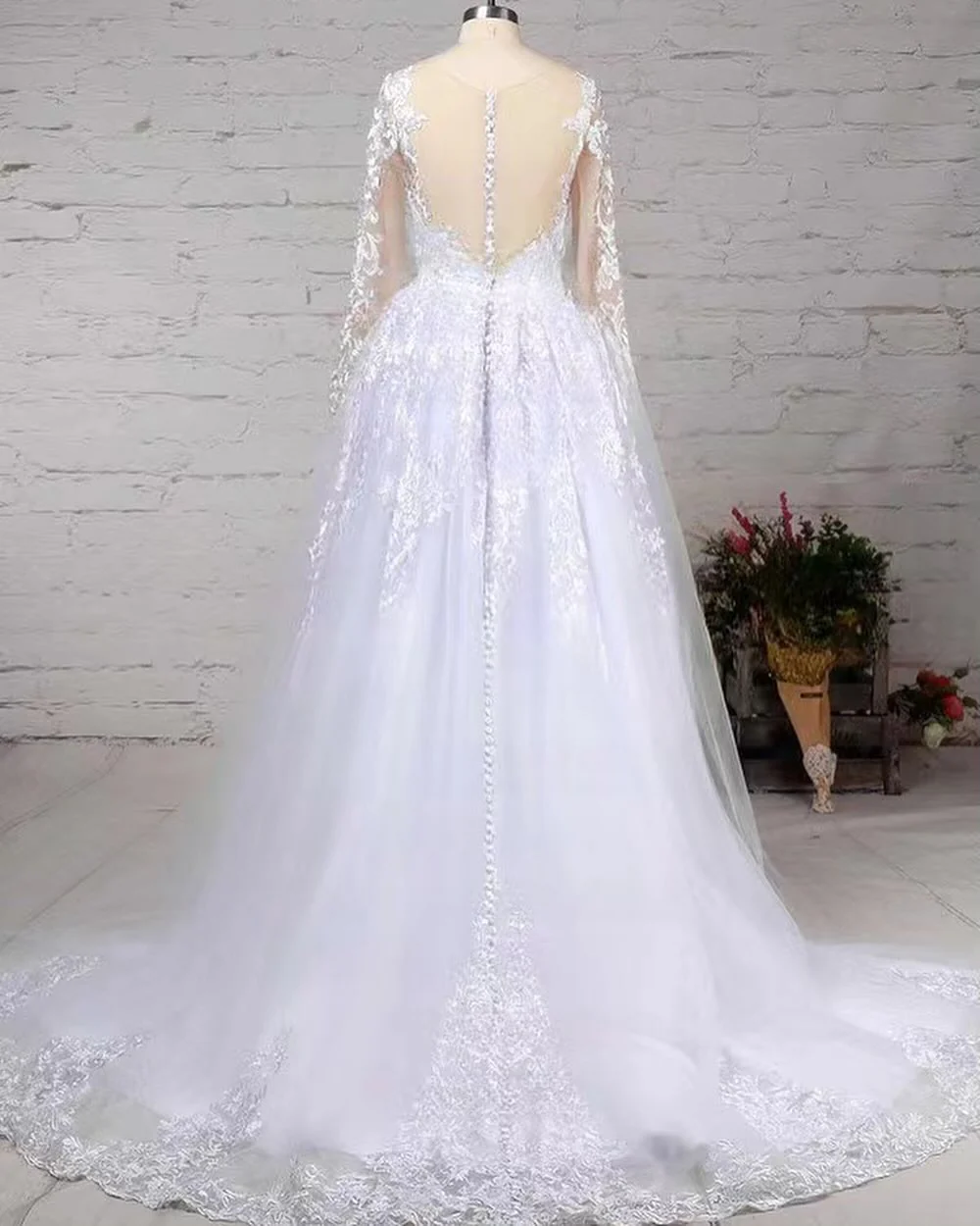Ballbella Long Sleeves Scoop Wedding Dress Princess Lace Bridal Gown - Image 2