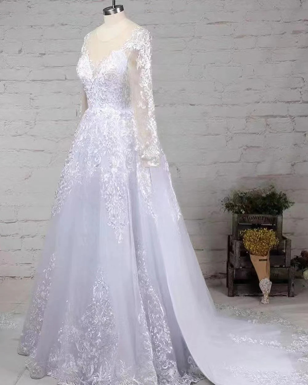 Ballbella Long Sleeves Scoop Wedding Dress Princess Lace Bridal Gown - Image 3