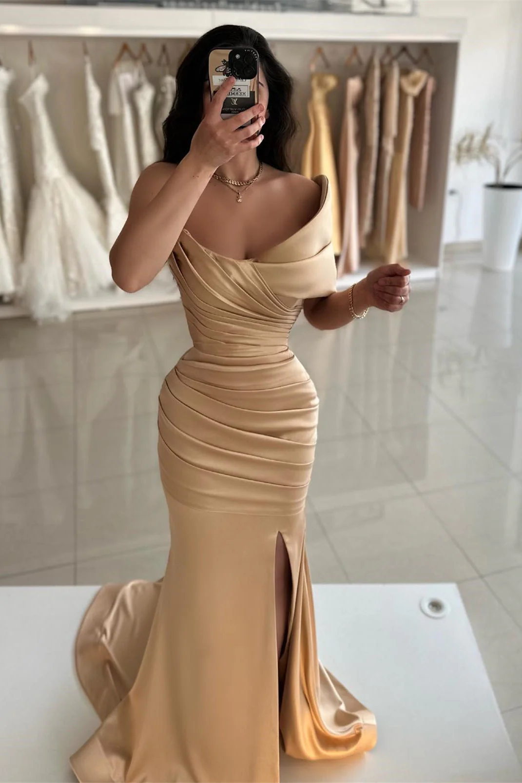 Ballbella One Shoulder Champagne Prom Dress Mermaid Slit Long - Image 2