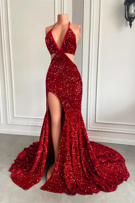 Ballbella Red Sequins Prom Dress High Slit Halter - Image 3