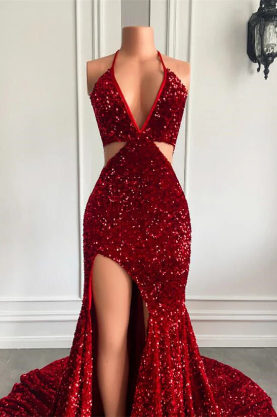 Ballbella Red Sequins Prom Dress High Slit Halter - Image 4