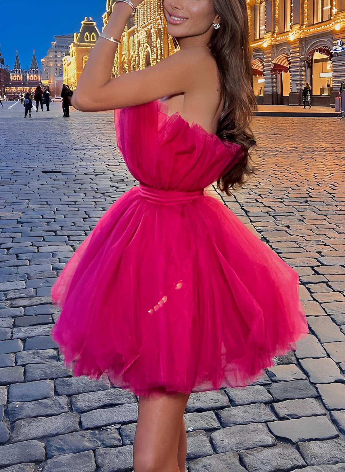 Barbie Pink A-Line Sleeveless Short/Mini Tulle Homecoming Dresses - Image 3