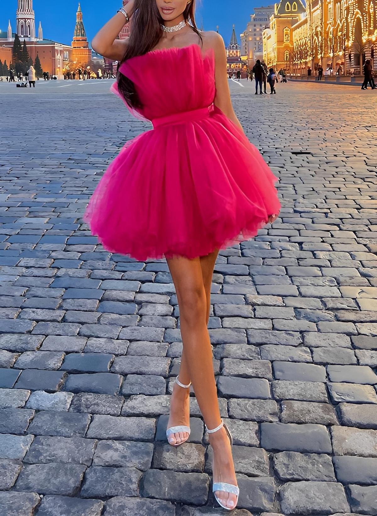 Barbie Pink A-Line Sleeveless Short/Mini Tulle Homecoming Dresses - Image 6