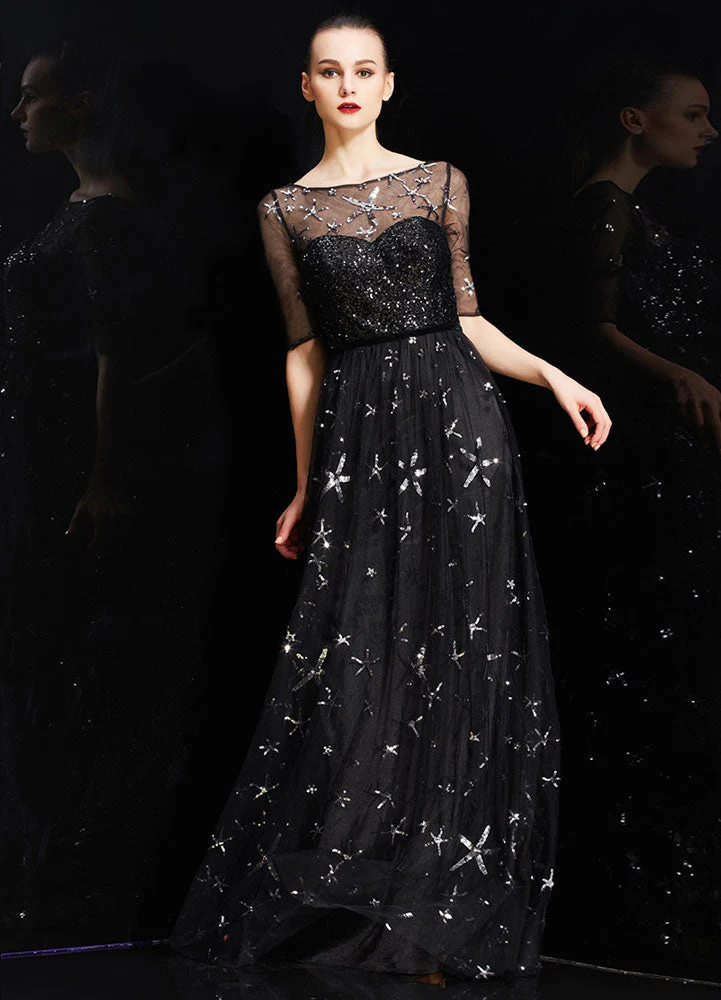 Amazing Bateau Neck Illusion Sweetheart Sequin Star Half Sleeves Tulle evening dress - Image 2